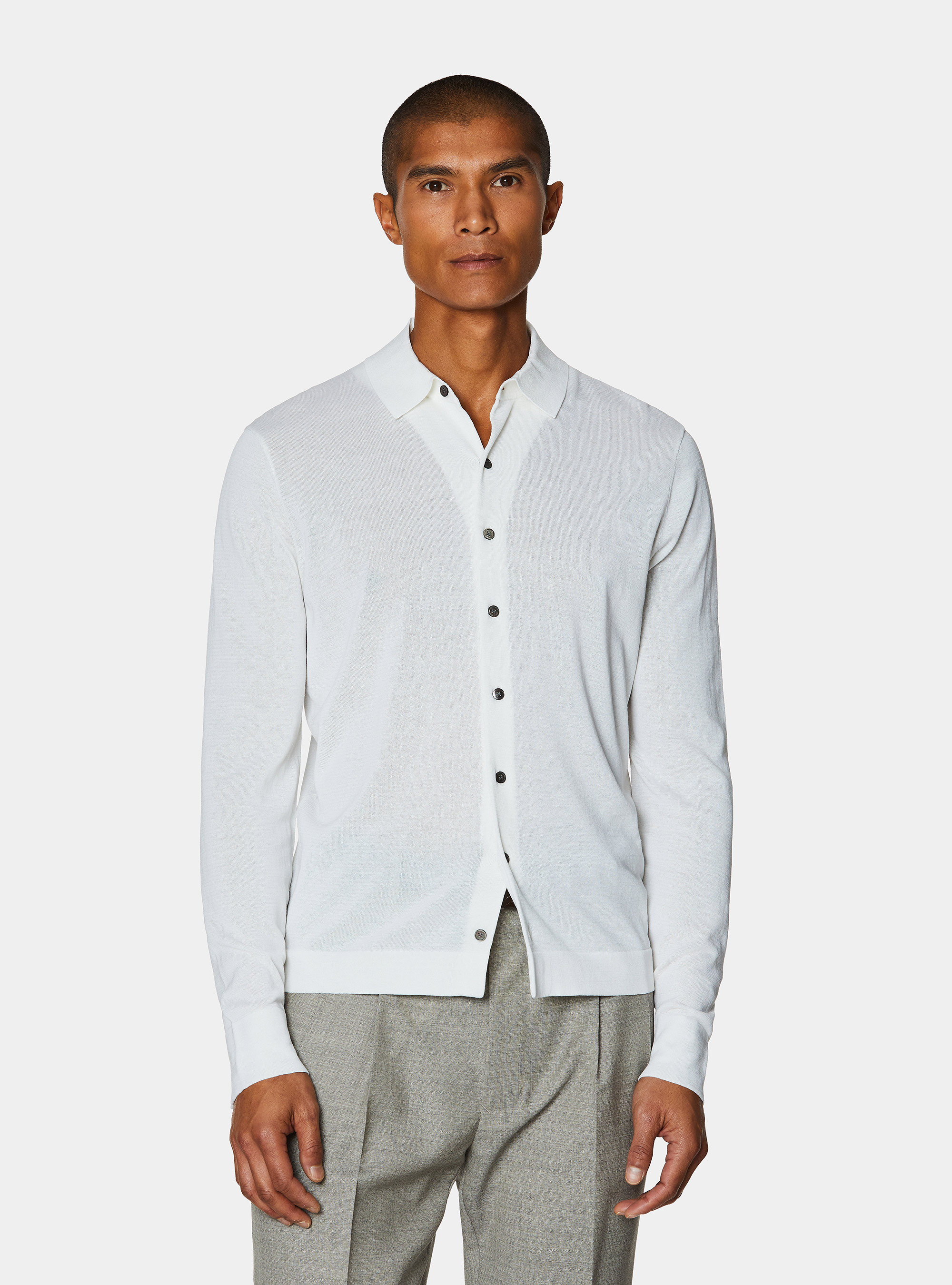 Polo camicia in cotone e seta, BIANCO