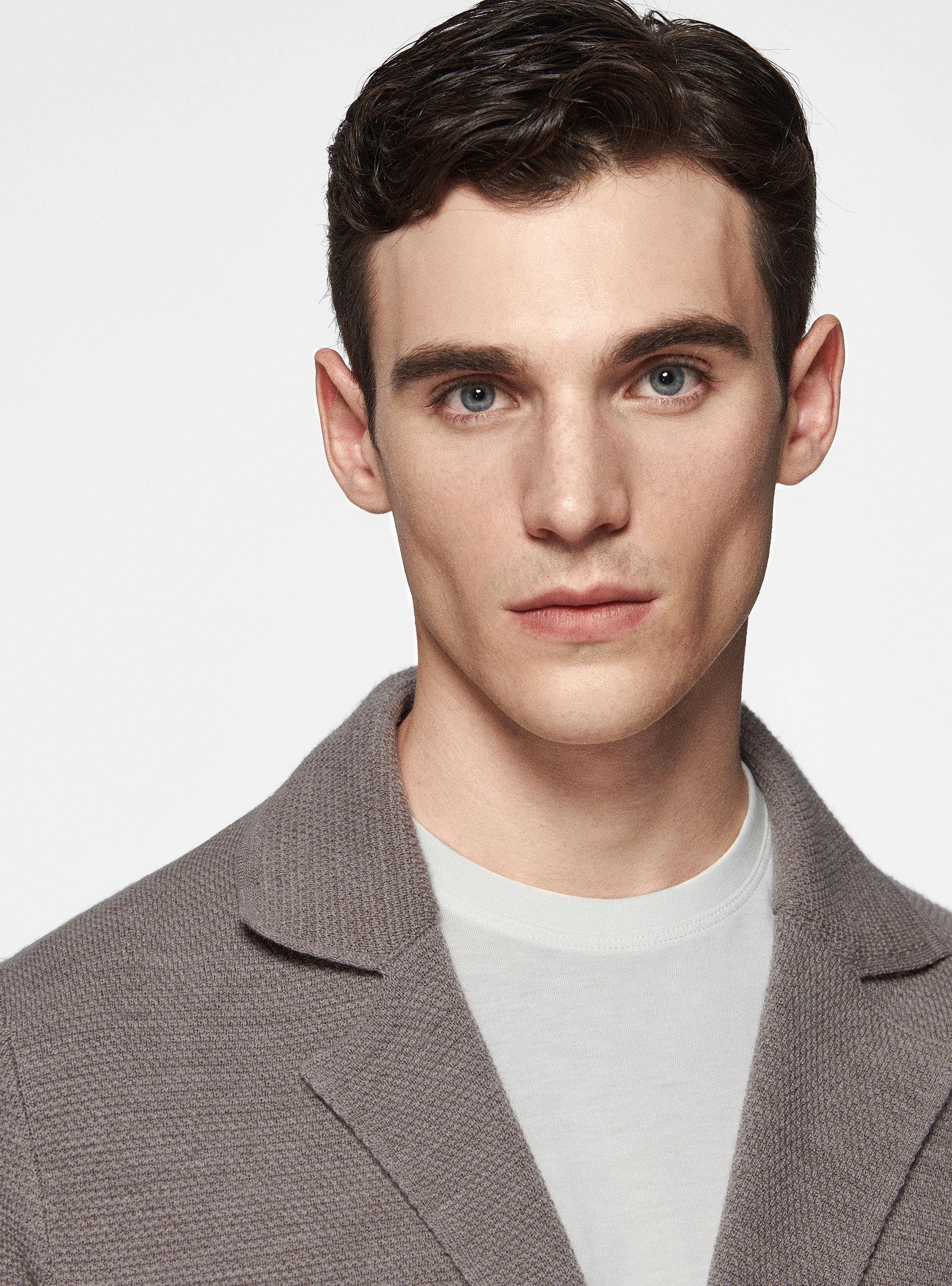 Giacca in maglia doppiopetto in pura lana merino, FANGO