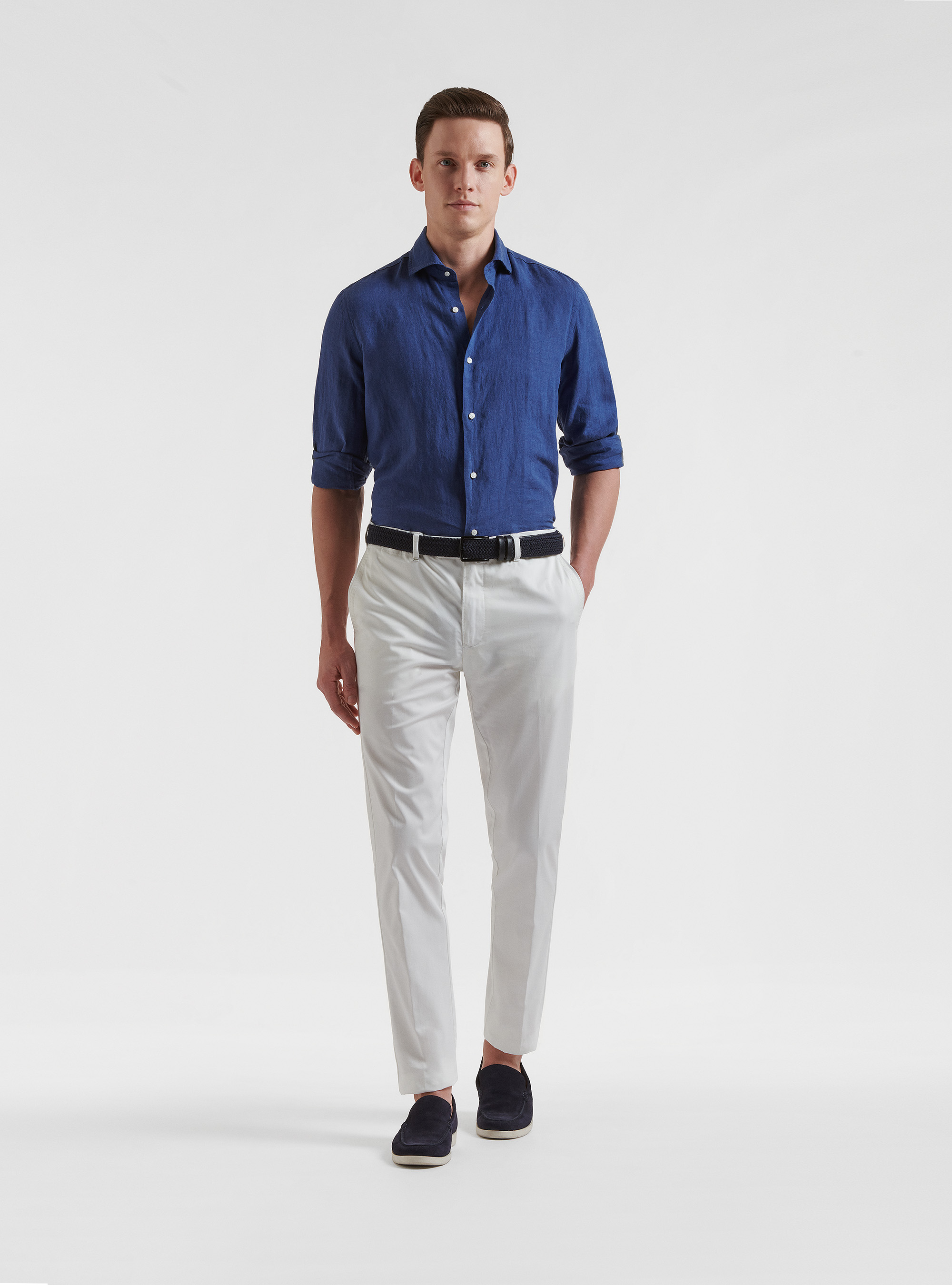 Camicia collo semi francese in puro lino, 0243C DENIM