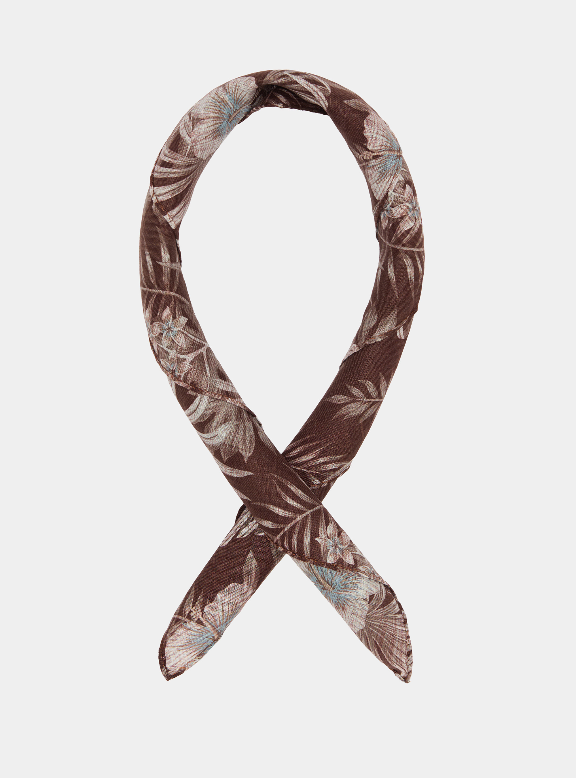 Foulard stampato con fantasia fiori  in lino, BROWN