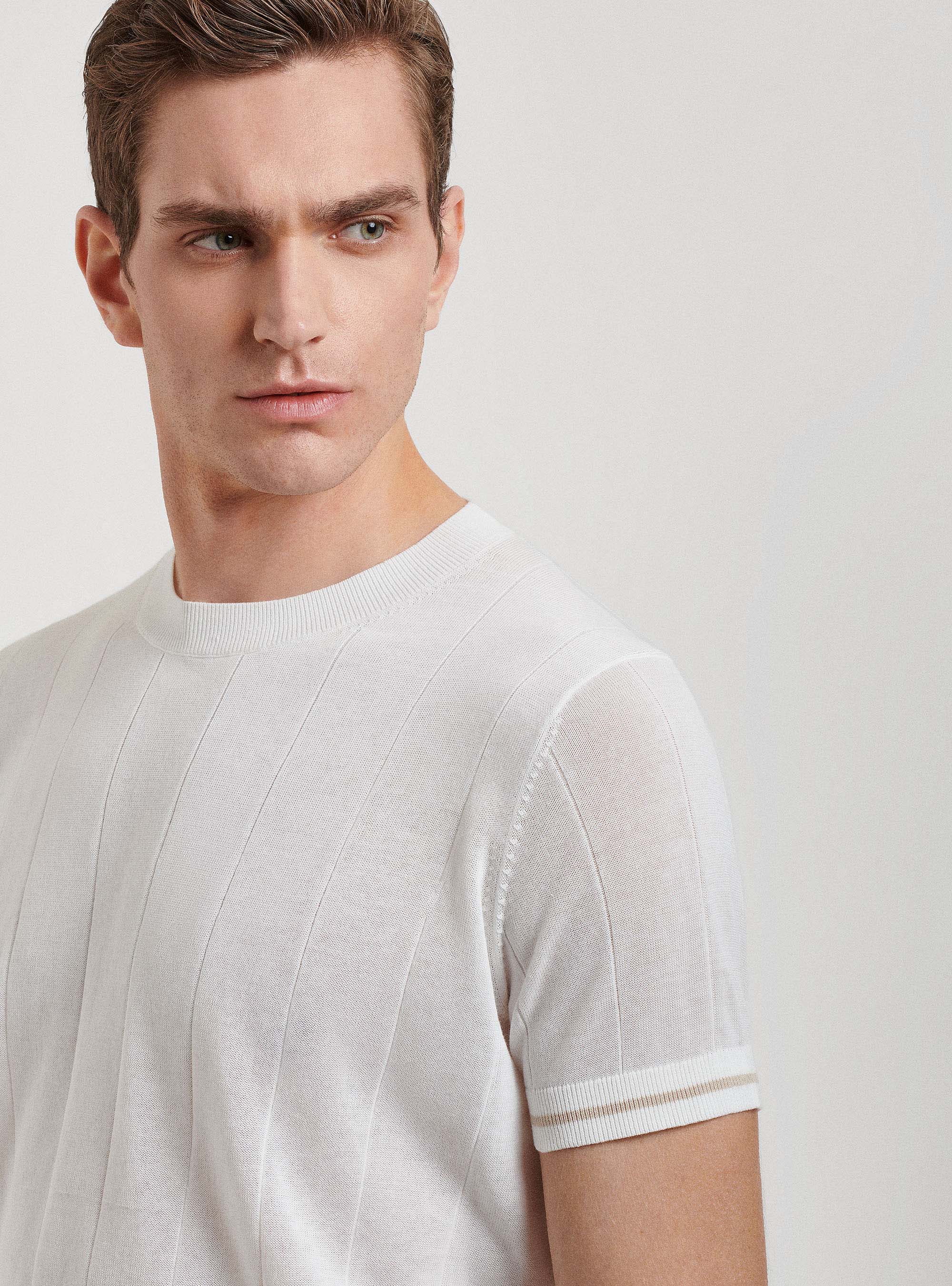 Maglia in puro cotone in costa piatta, BIANCO