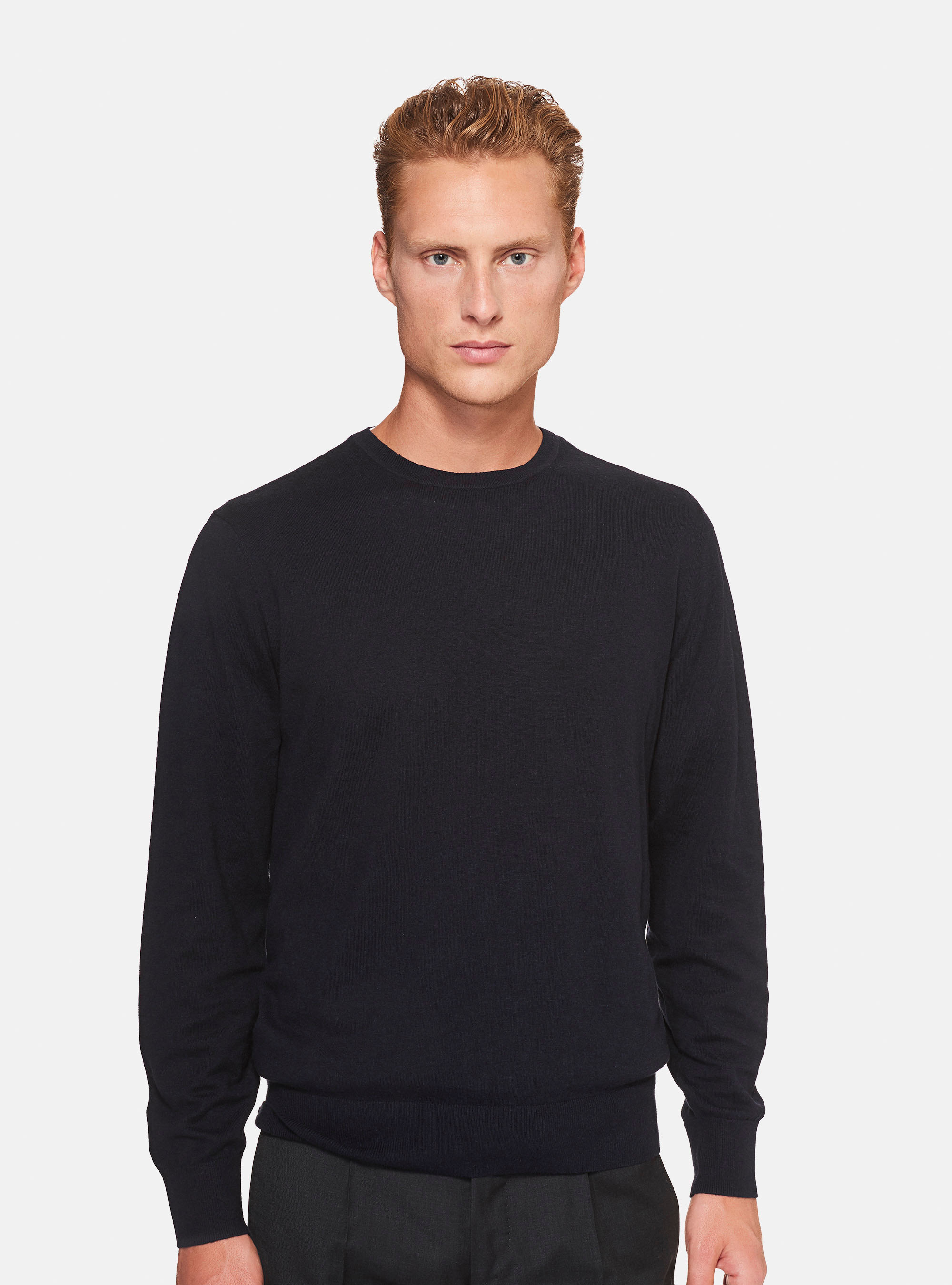 COTTON SILK AND CASHMERE ROUND NECK SWEATER, NAVY BLUE