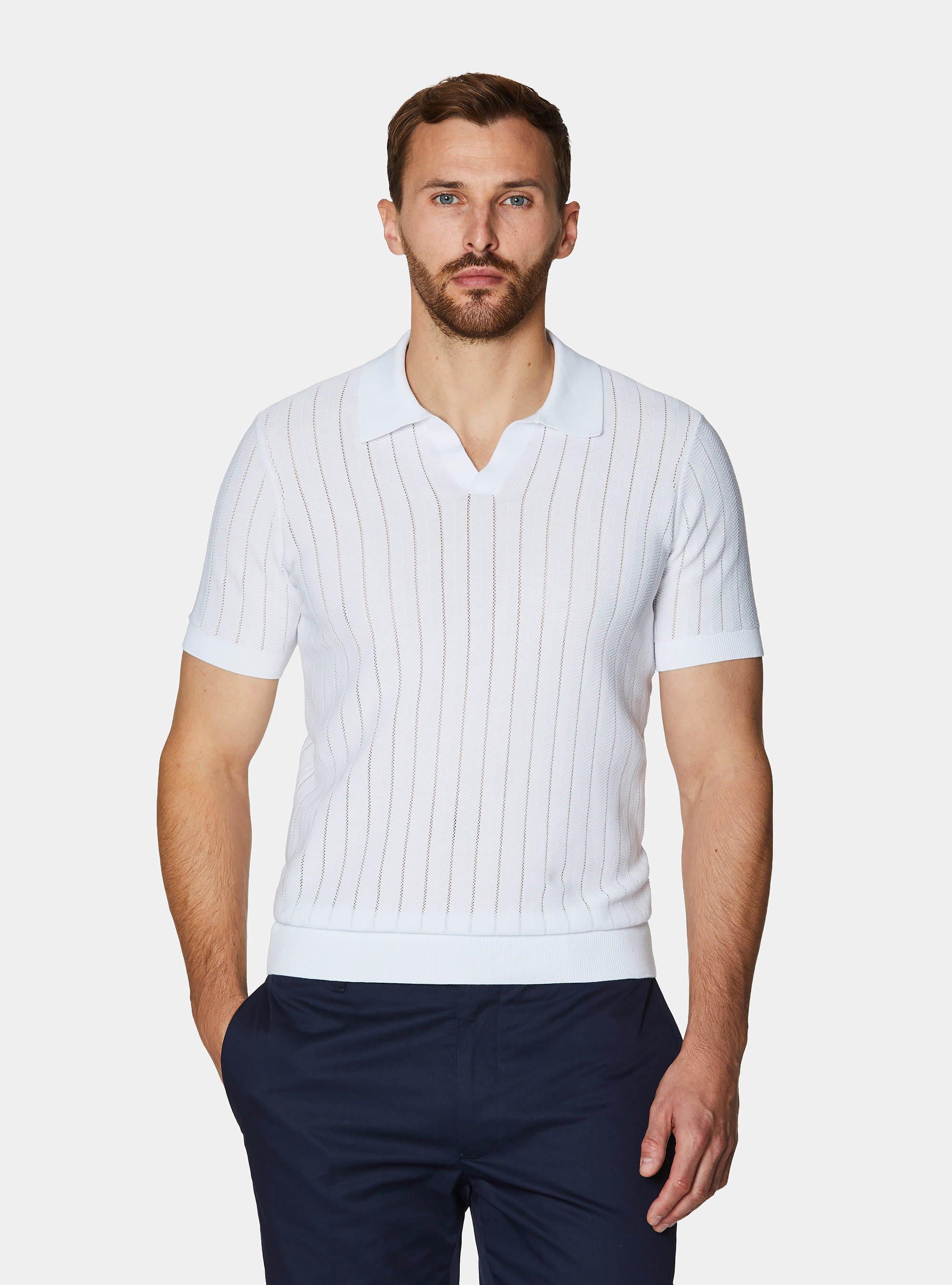 Polo traforata in cotone spigato, BIANCO