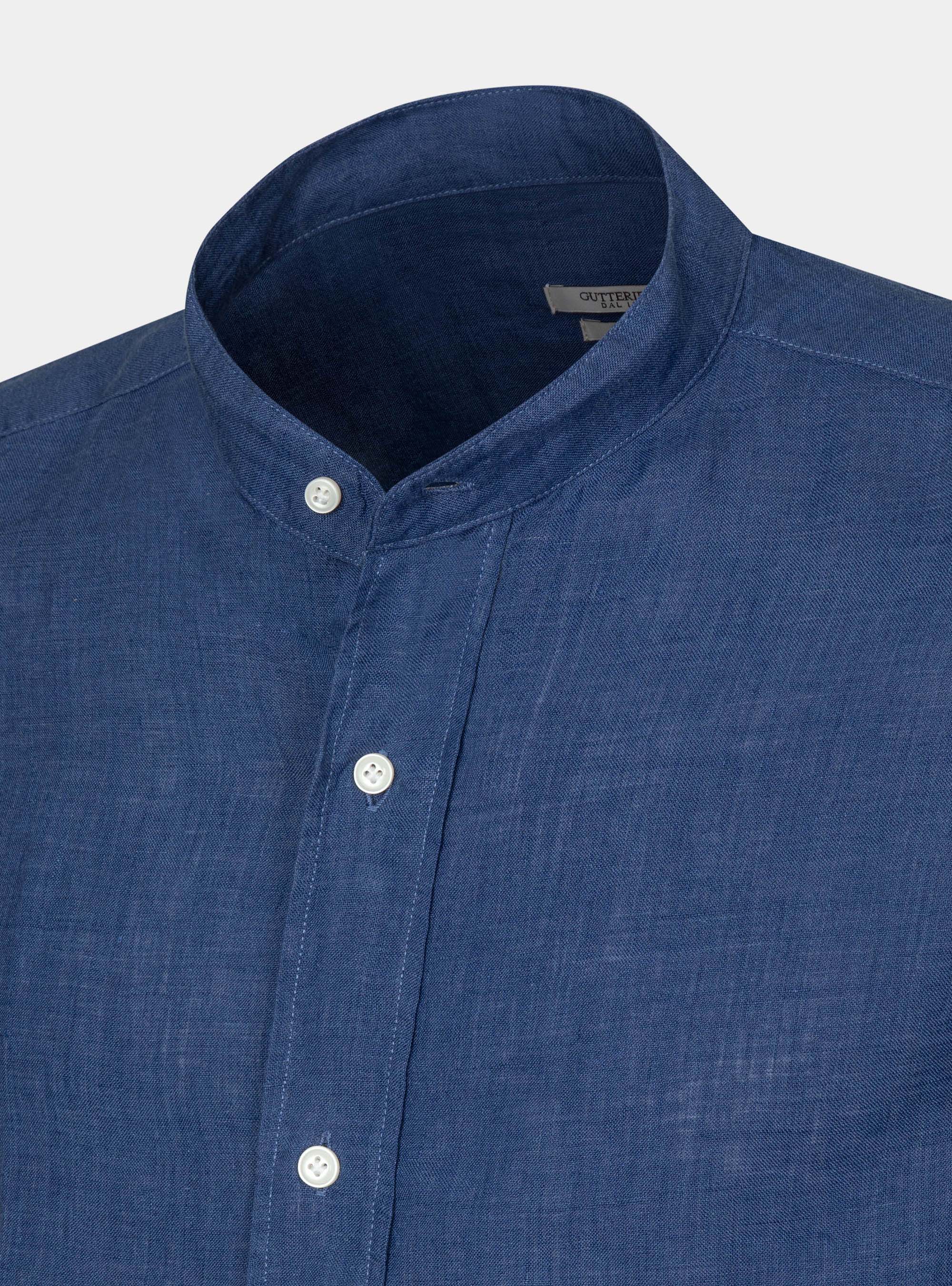 Camisa de cuello coreano 100% lino, 0243C DENIM