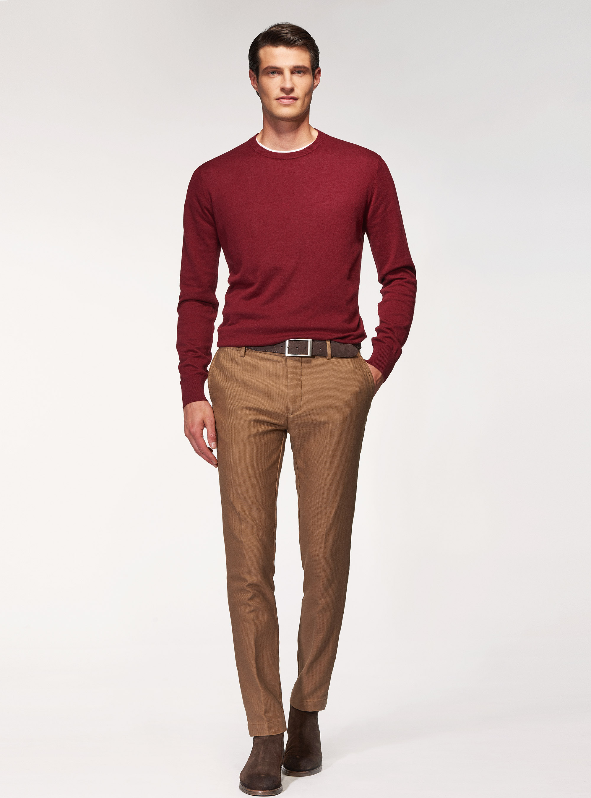 Pull &agrave; col rond en coton, soie et cachemire, BORDEAUX