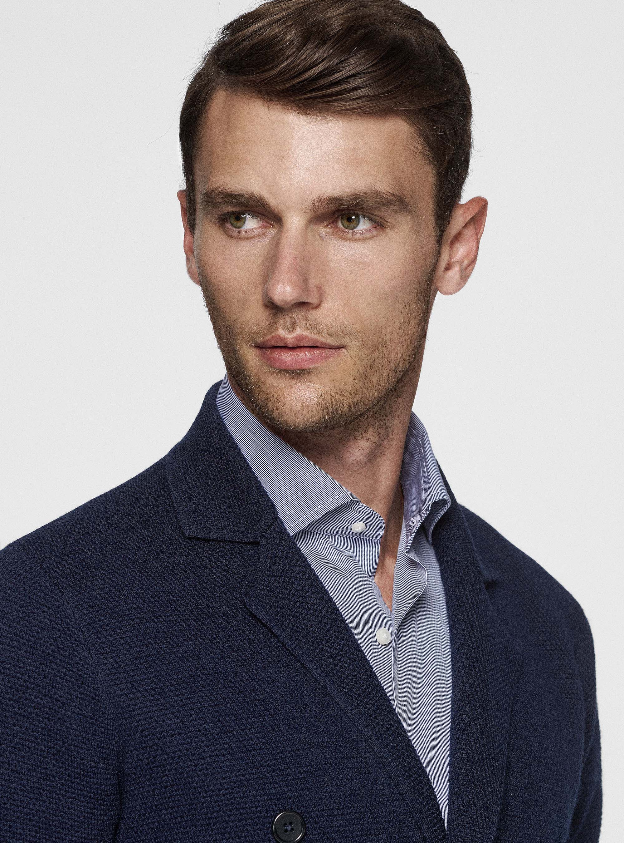 Double-breasted knitted blazer in pure wool, NAVY BLUE