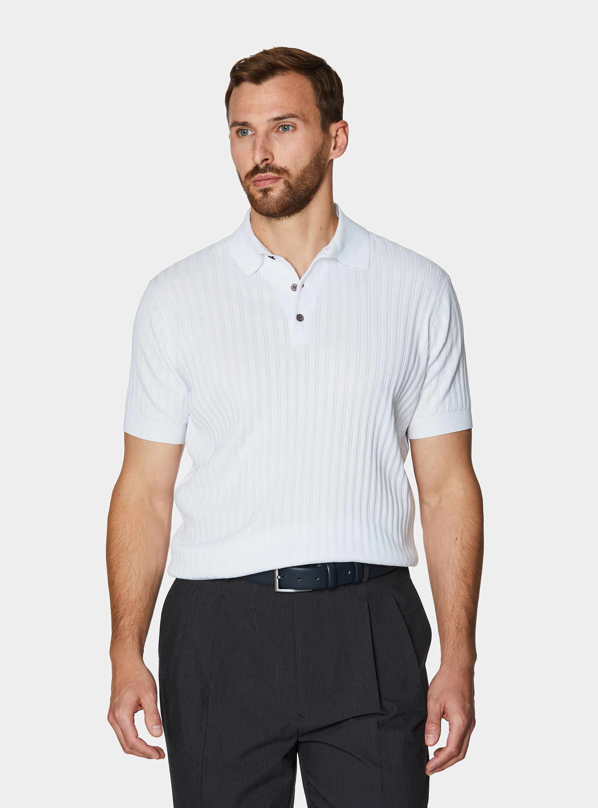 Extra-fine cotton knit polo shirt with openwork ribbing, WHITE