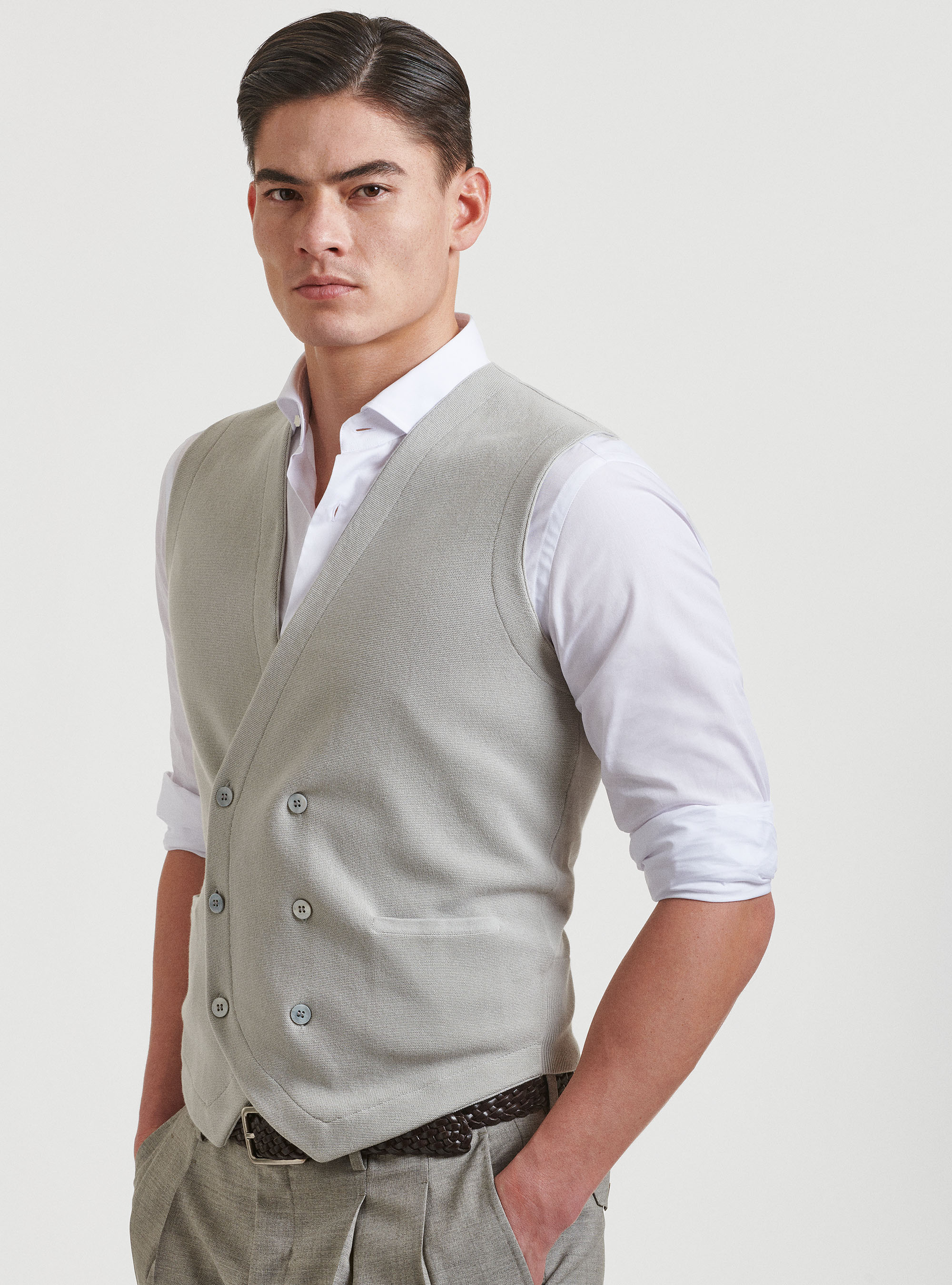 Zweireihige Strickweste aus reiner Baumwolle, GRIGIO CHIARO MEL 0150C