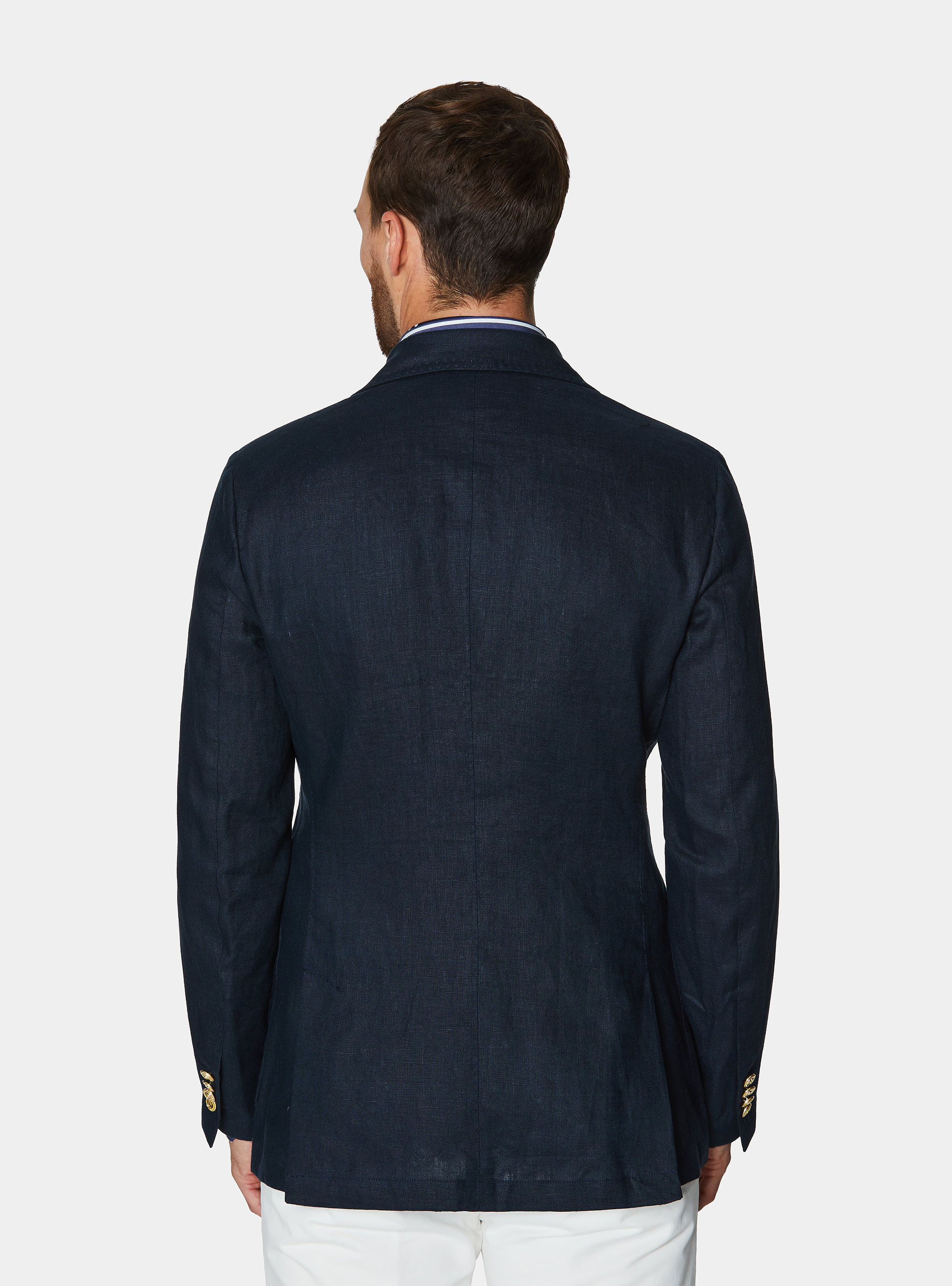 Double-breasted linen blazer with metal button, NAVY BLUE