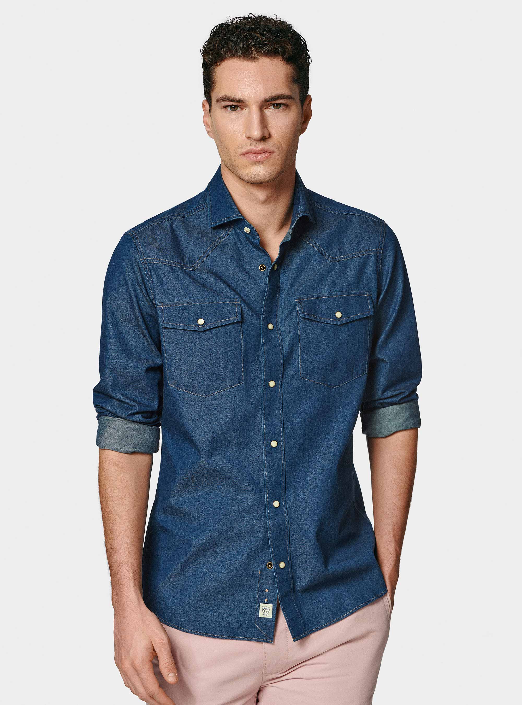 Camicia western in cotone chambray, BLU NAVY