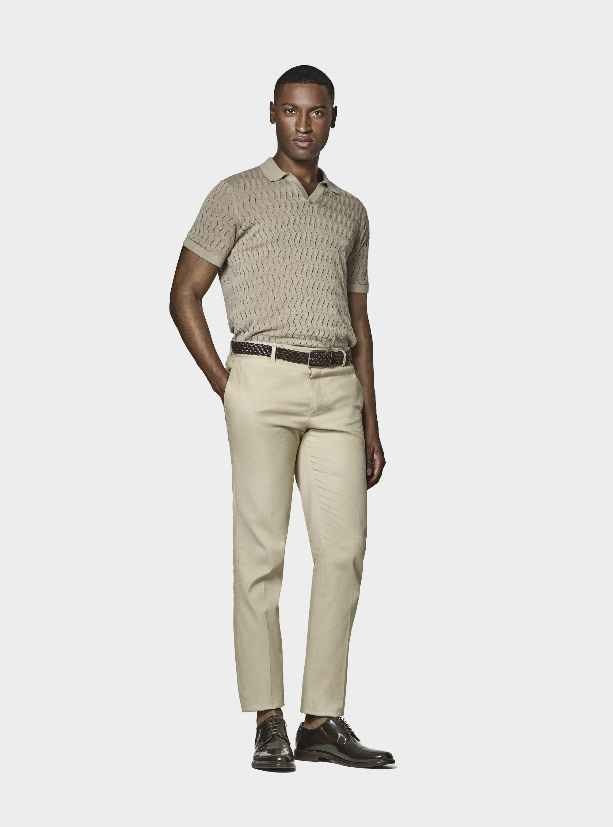 Polo in maglia traforata senza bottoni in cotone e seta, SABBIA