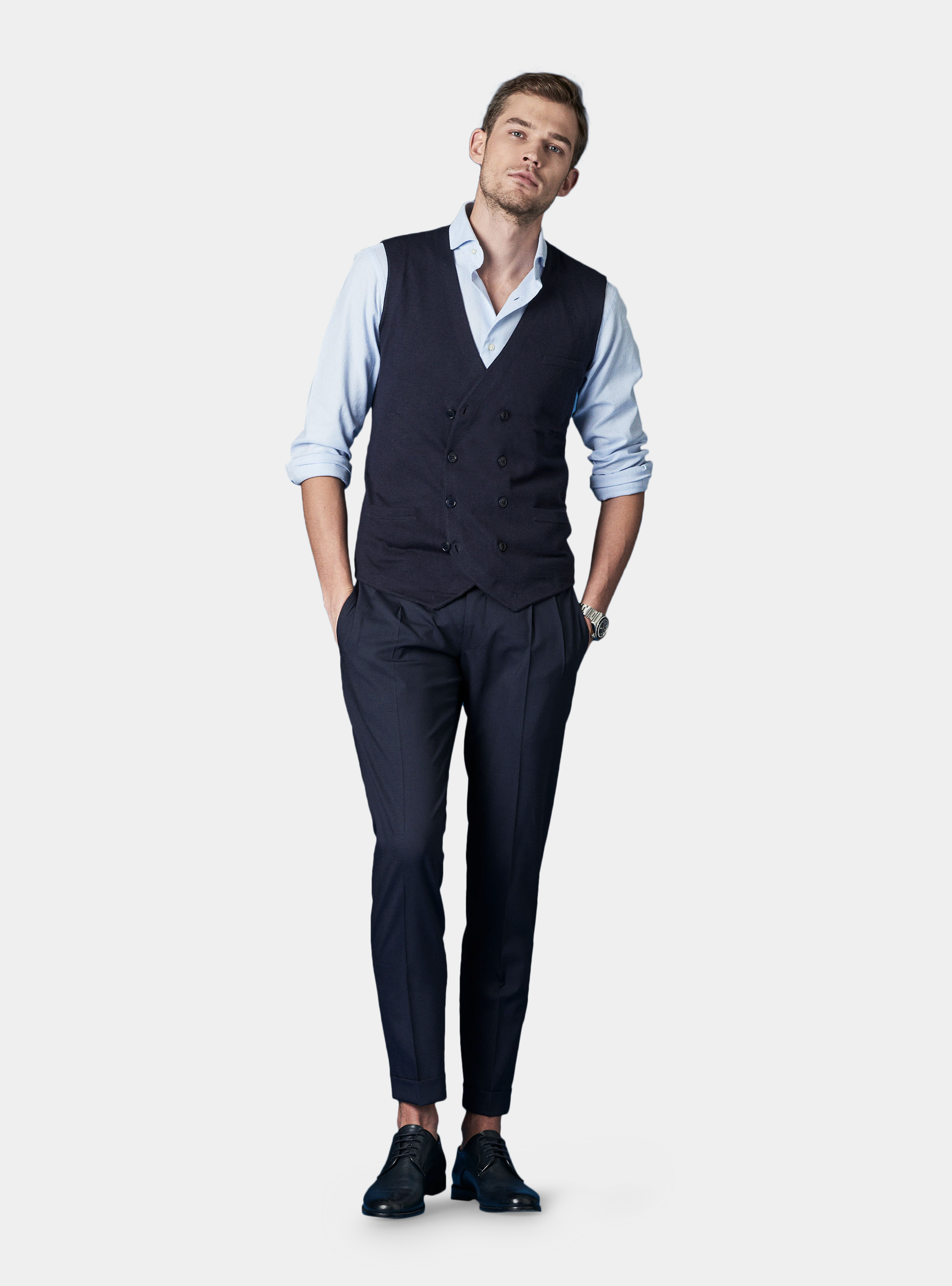 Cotton silk and cashmere double - breasted vest, NAVY BLUE