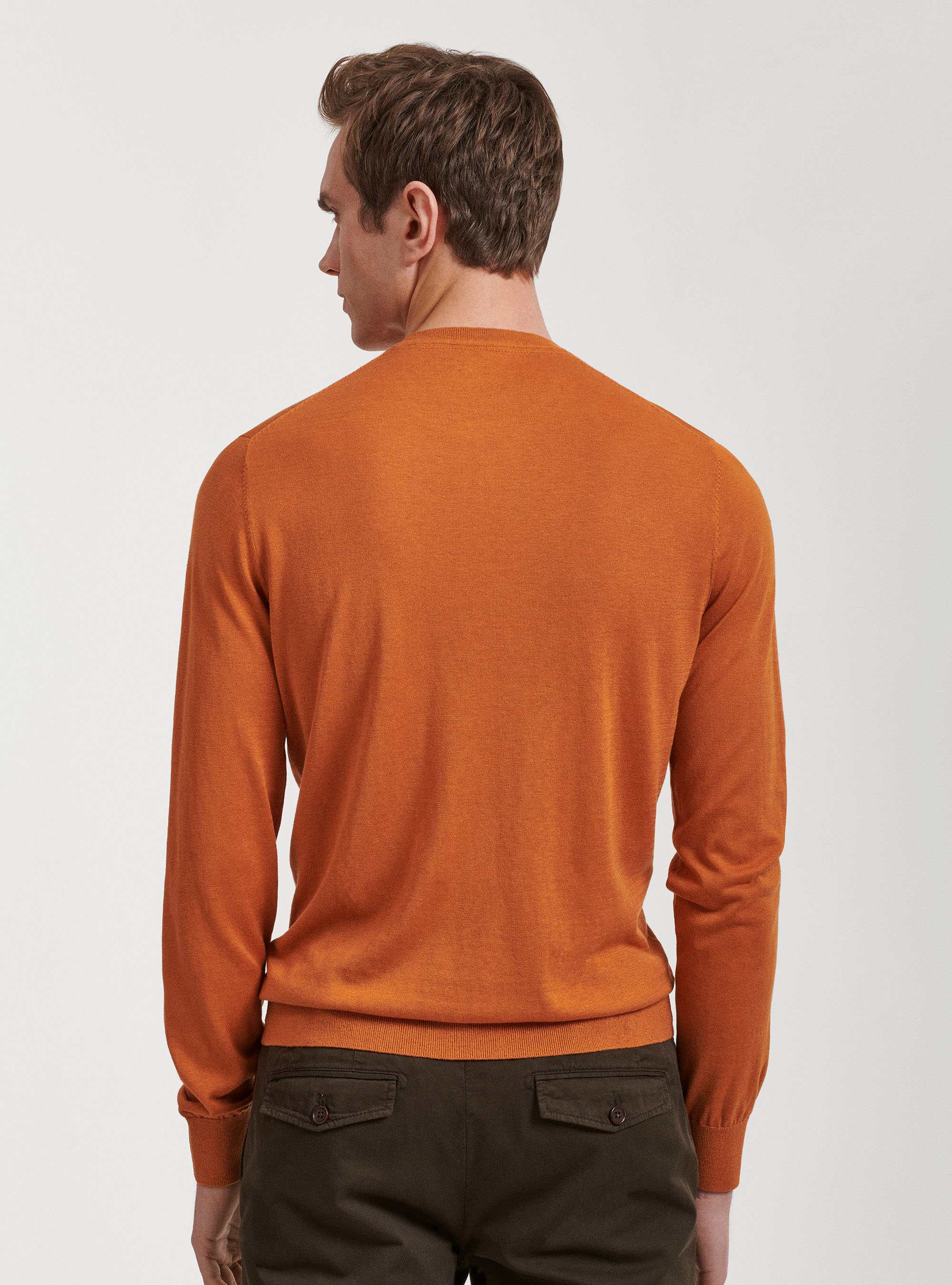 Pull &agrave; col ras du cou en soie et coton, ORANGE