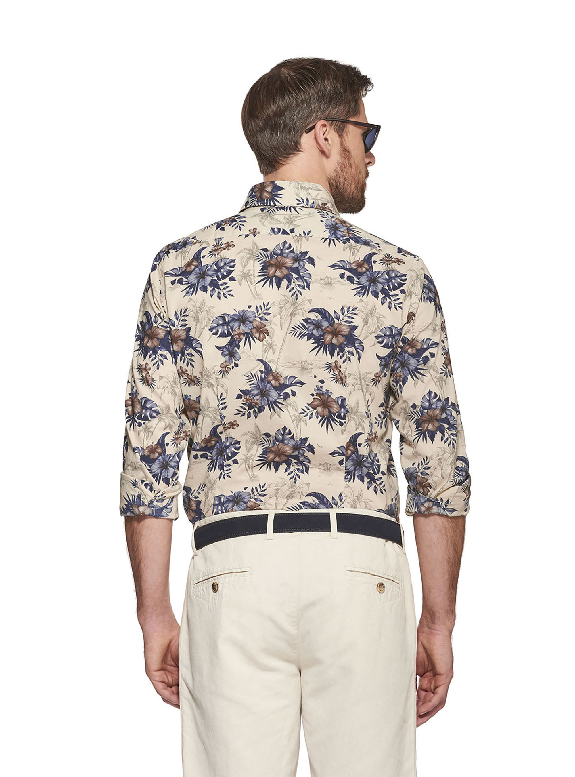 Flower printed cotton button-down collar shirt, ECRU