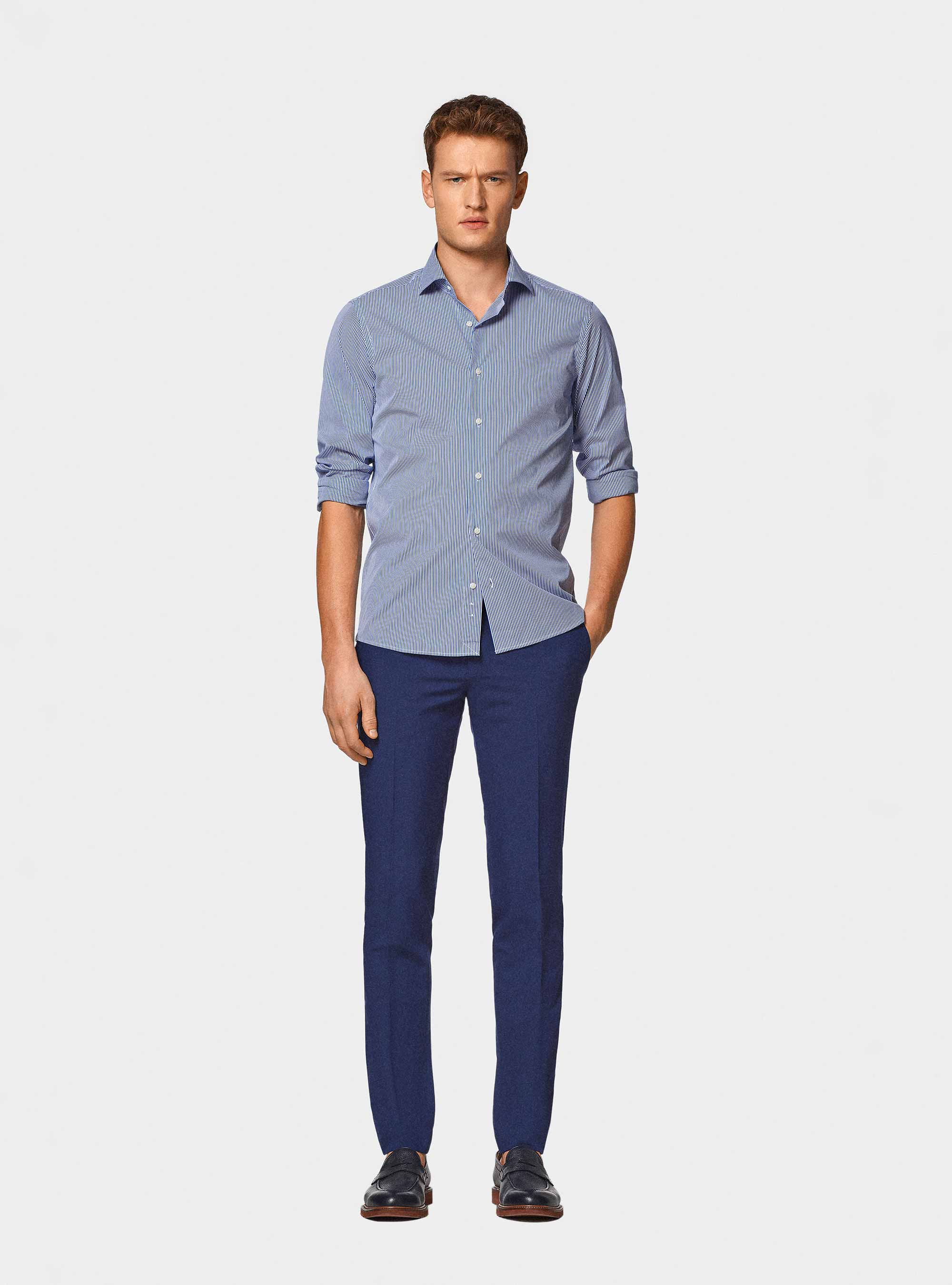 Camicia rigata in popeline stretch, BLU