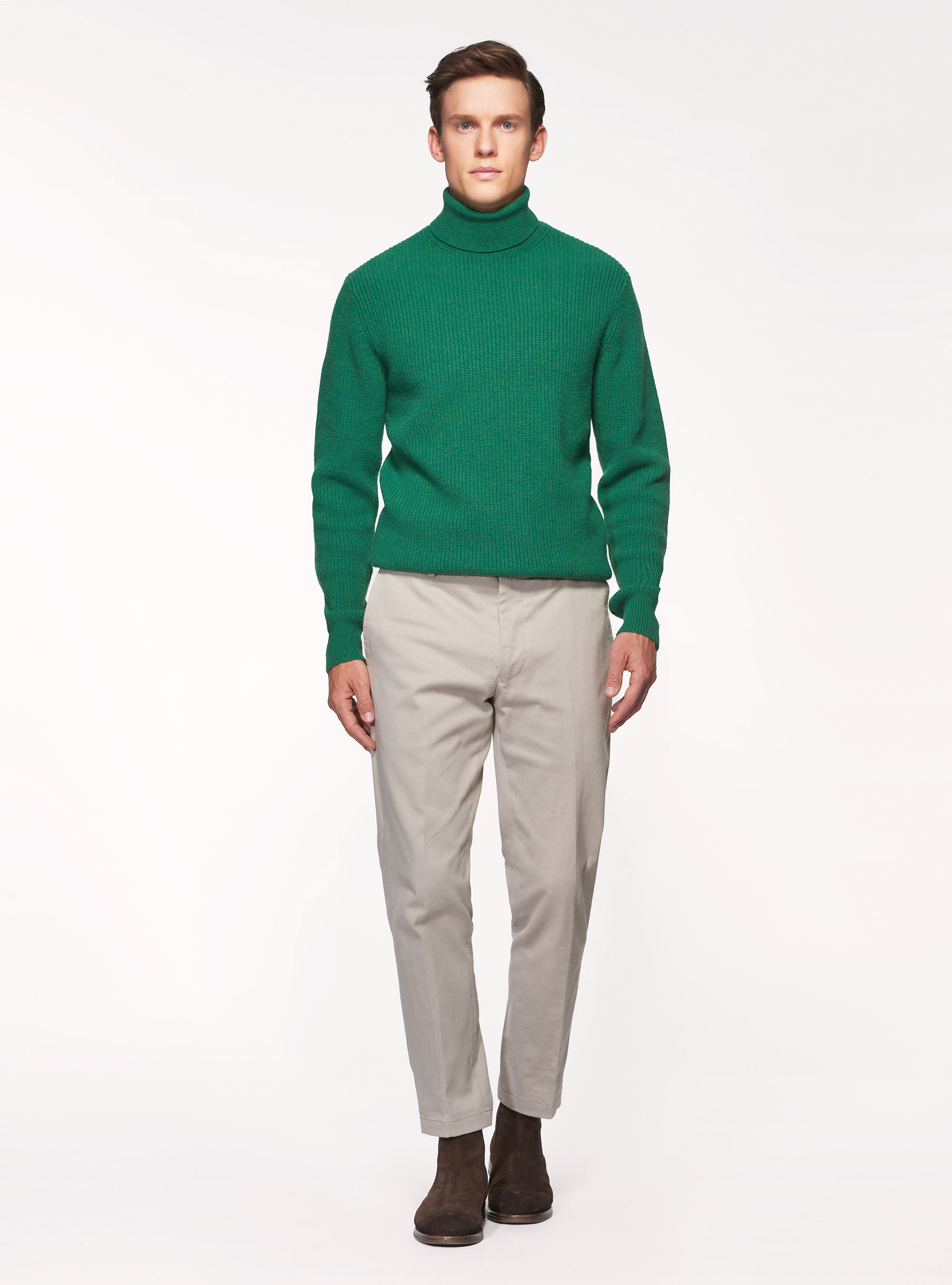 Maglia collo alto di lana lambswool in costa perlata, OLIVA