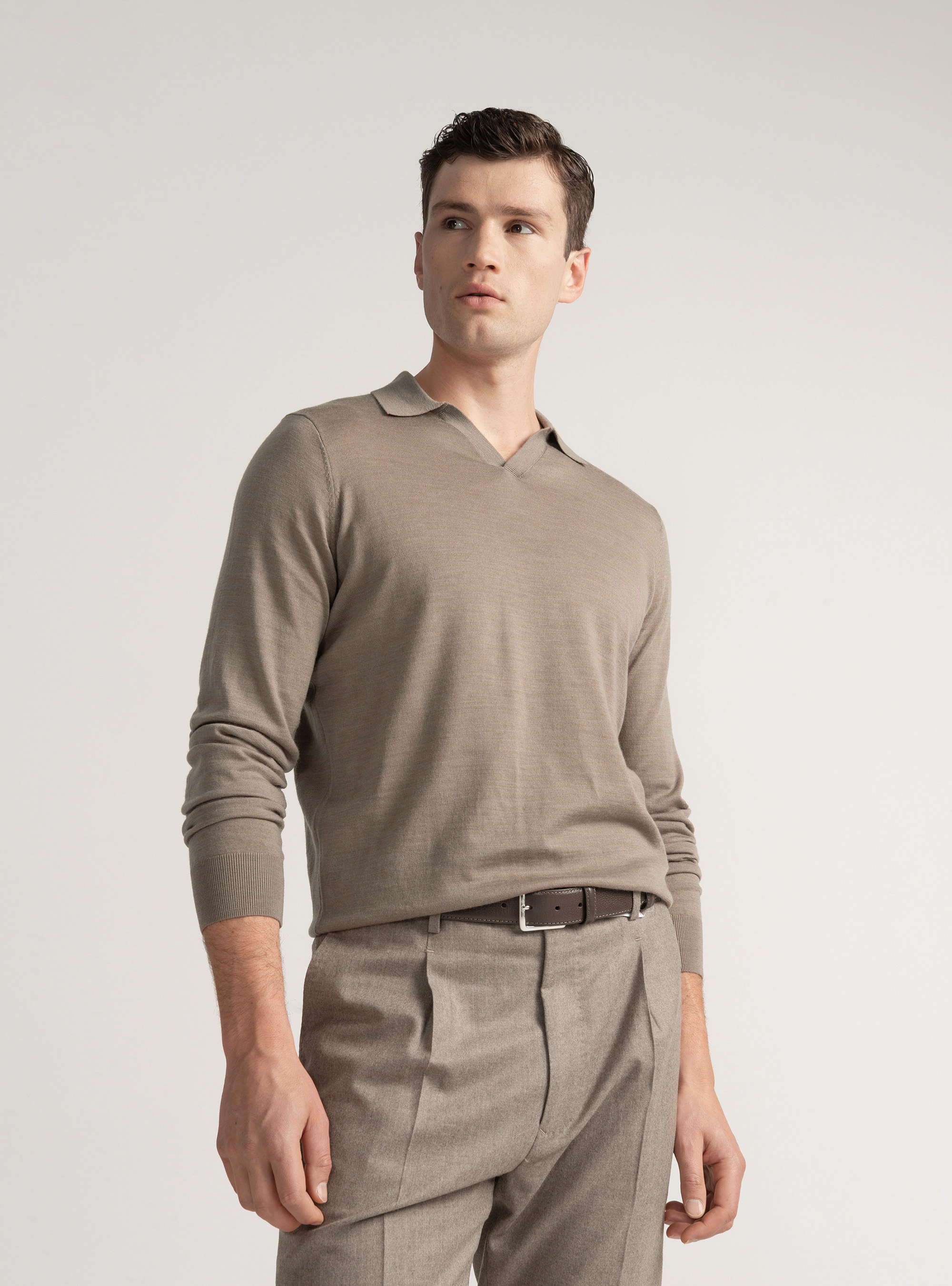 Merino wool buttonless knit polo shirt, MUD