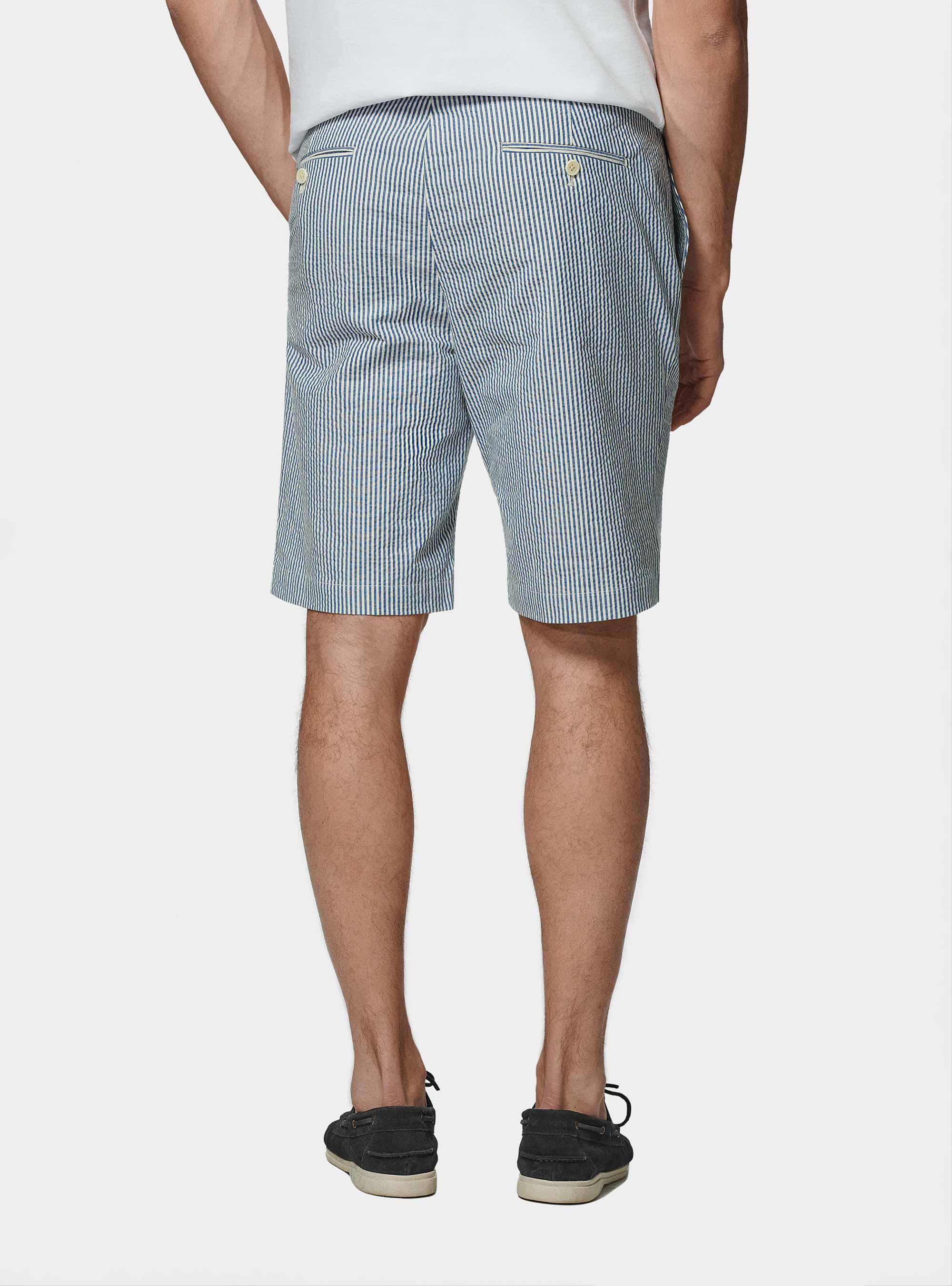 Bermuda en coton seersucker extensible, BLEU