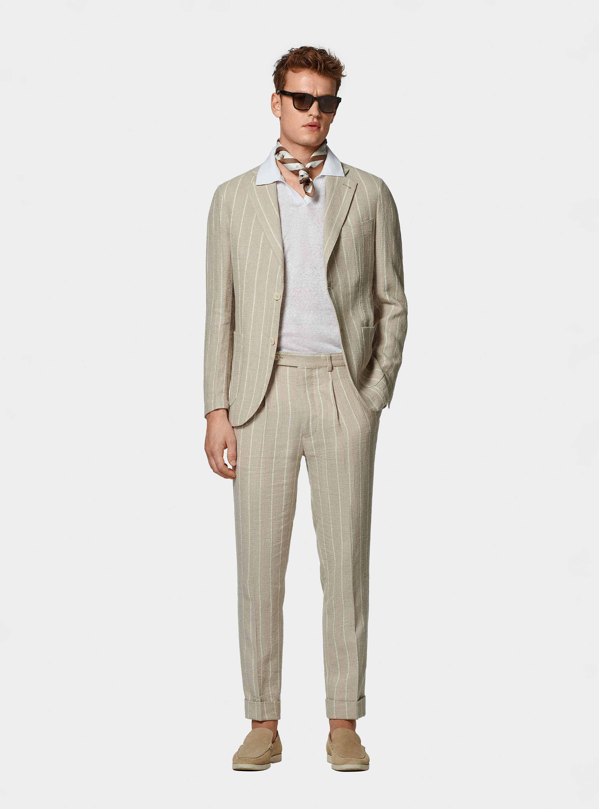 Pure linen crepe striped suit trousers, SAND