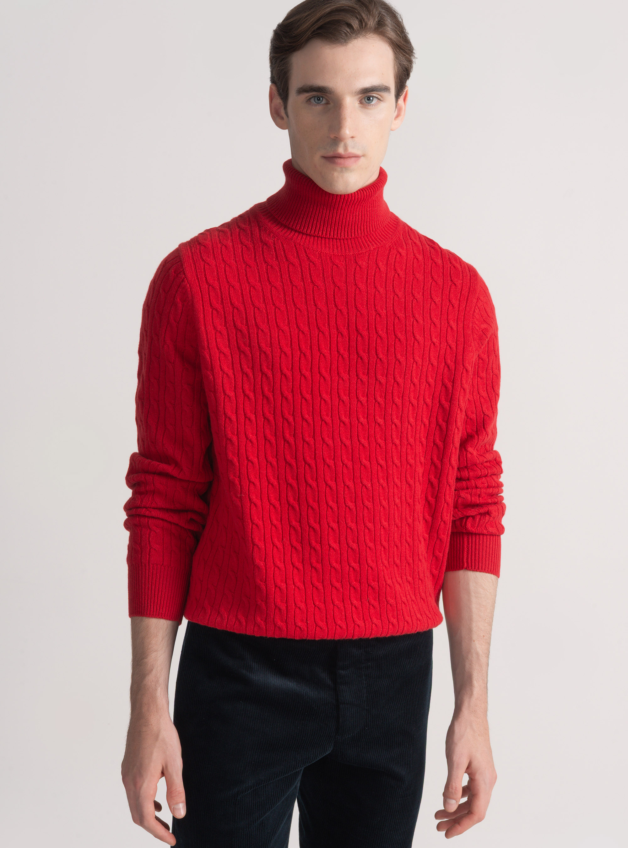 Maglia collo alto con treccia in lana cashmere, ROSSO