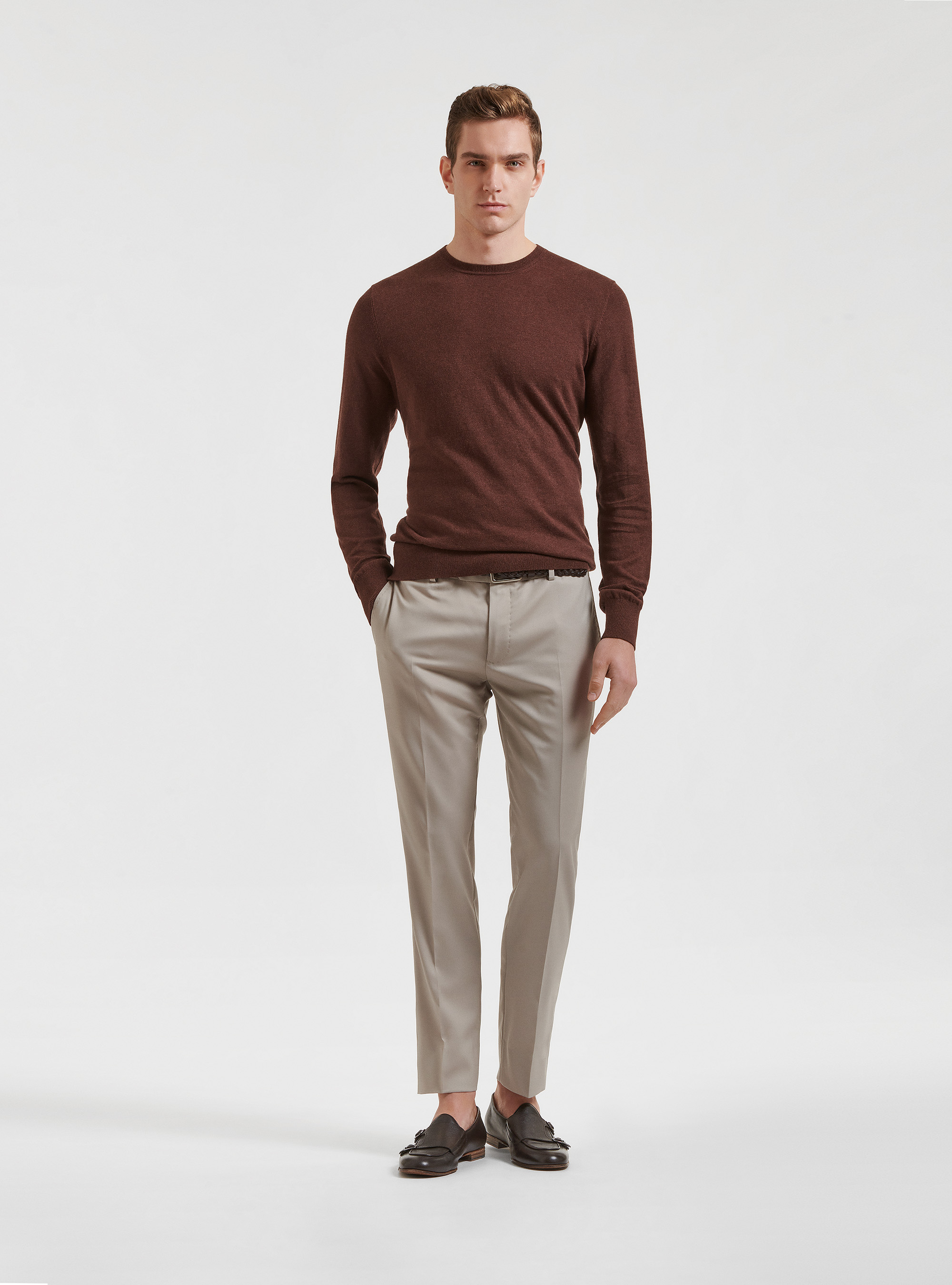 Jersey de cuello redondo de algod&oacute;n, seda y cachemira, MARRON