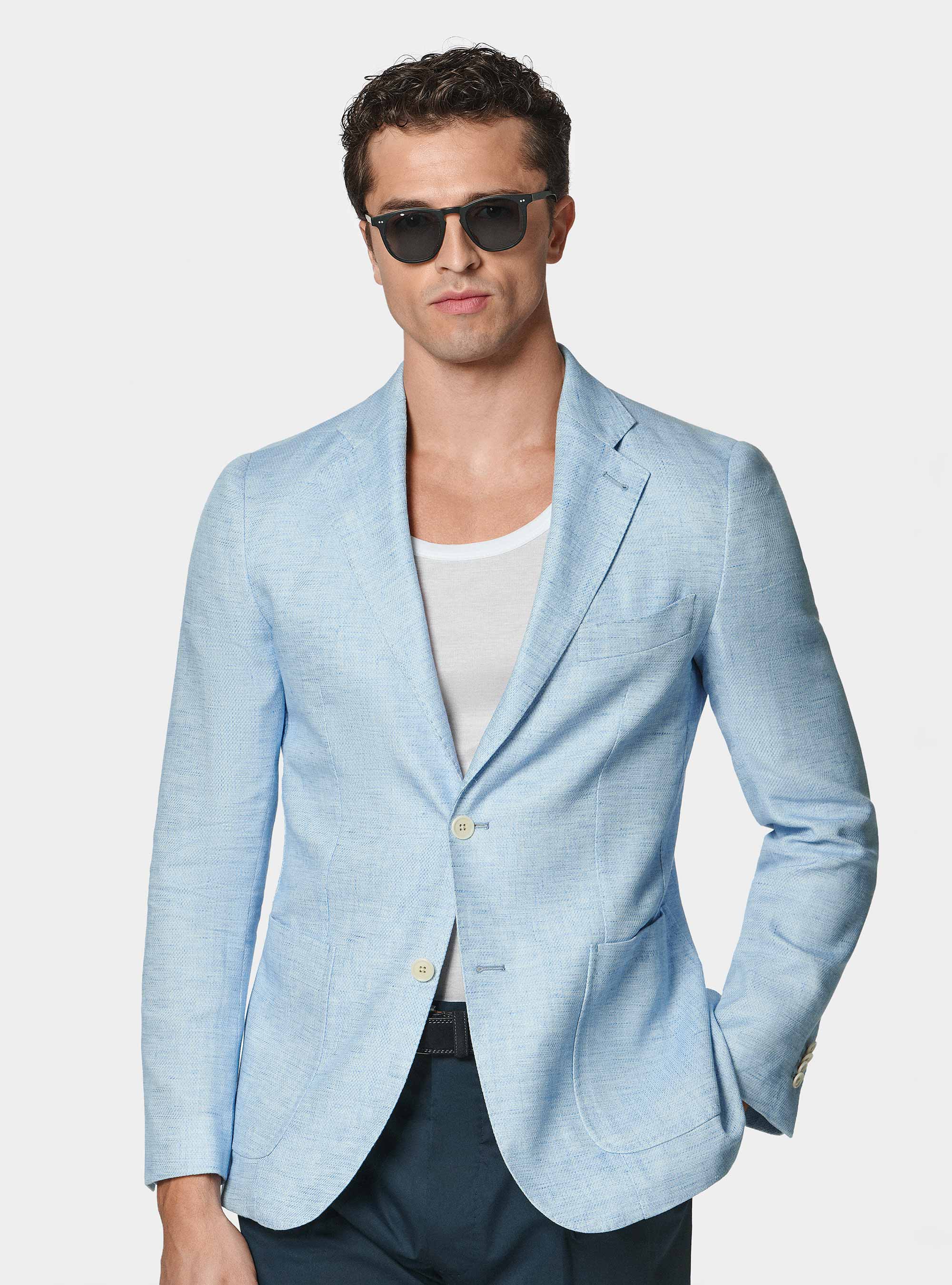 Linen and cotton blend blazer, LIGHT BLUE