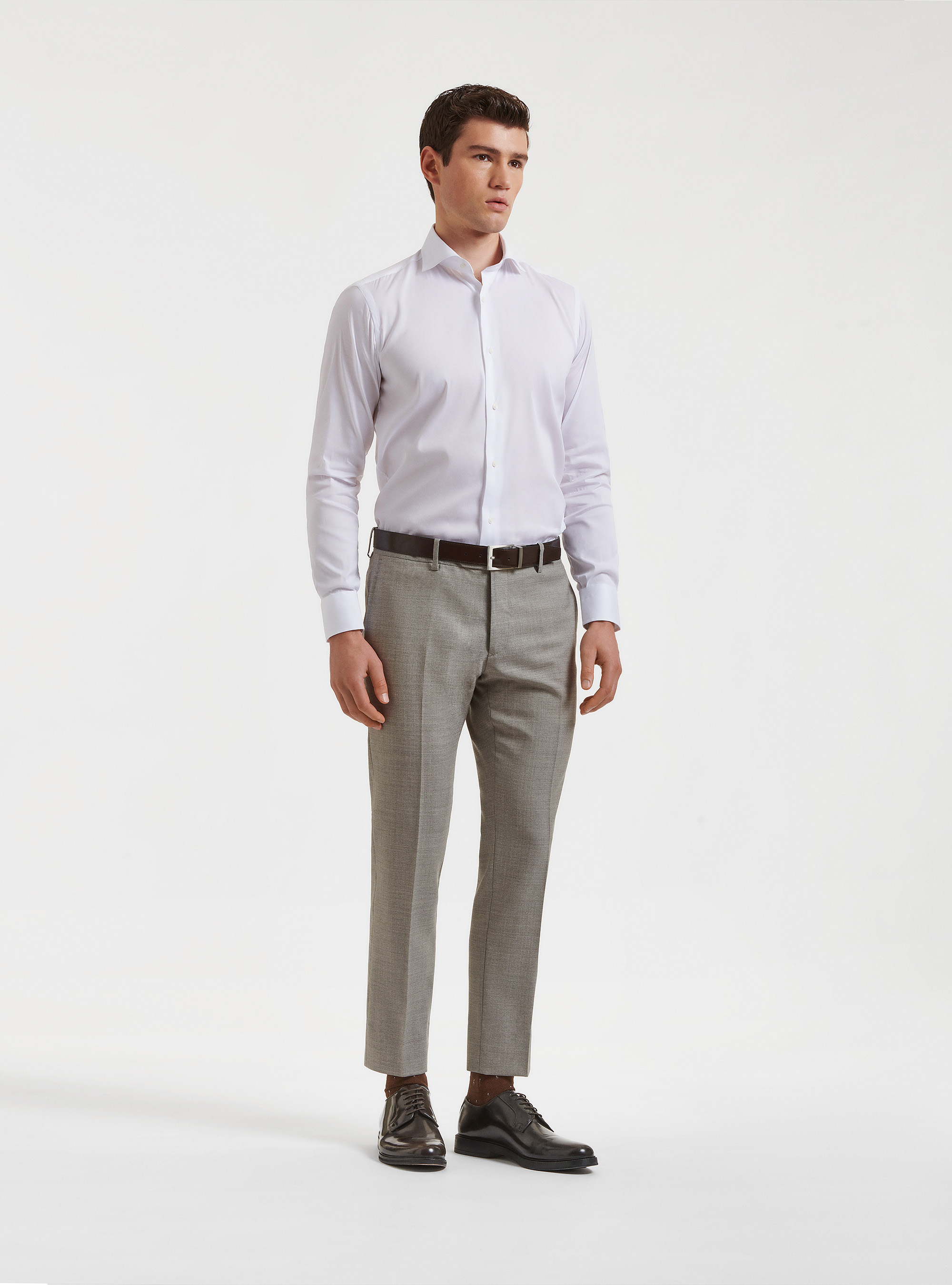 Camicia collo semi francese in popeline stretch, BIANCO