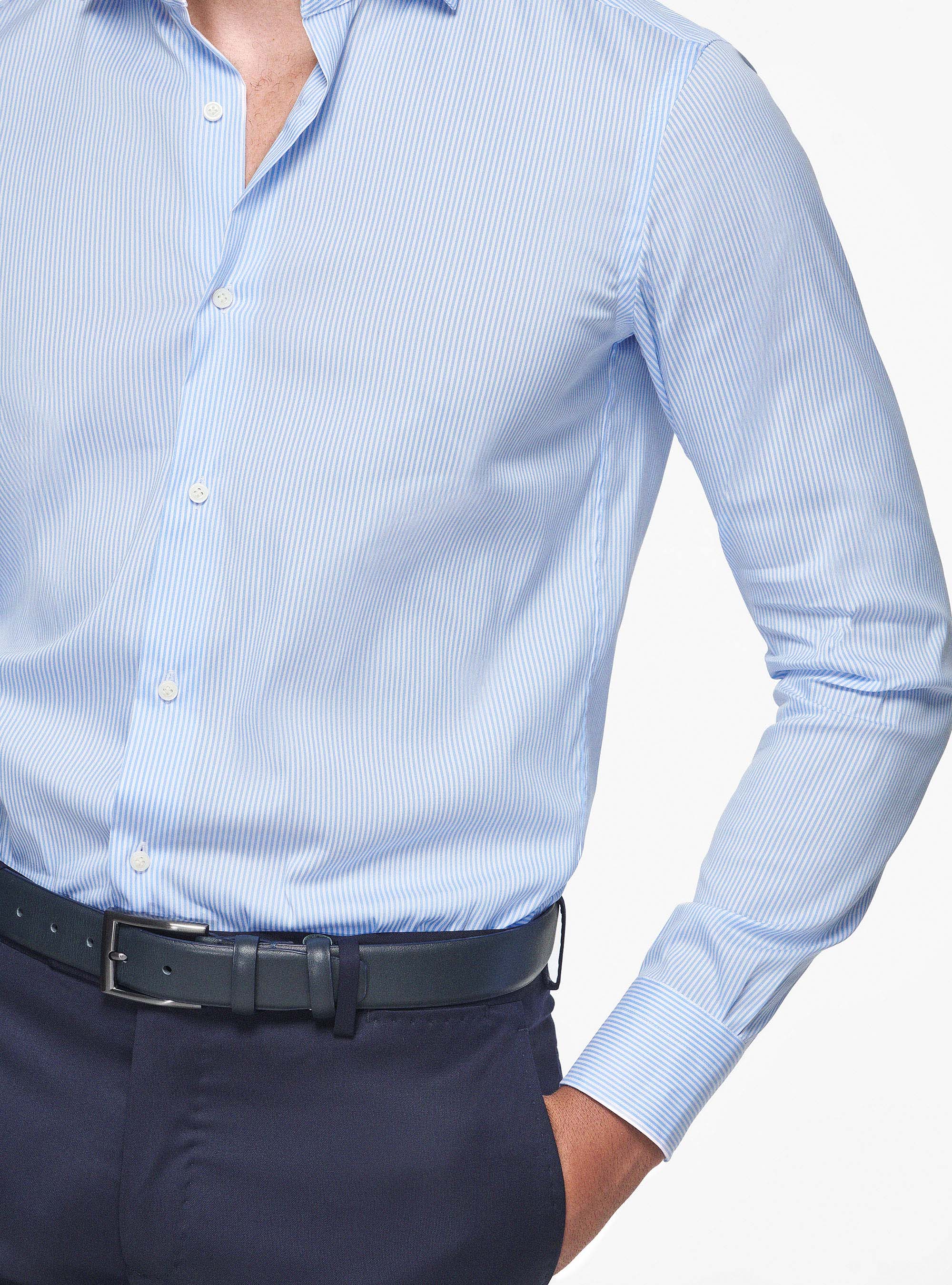 Camicia a righe popeline stretch, AZZURRO
