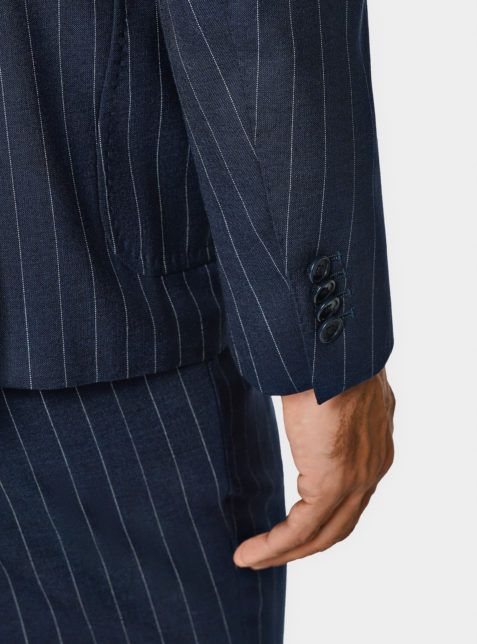 Pure wool pinstripe double-breasted suit blazer, NAVY BLUE