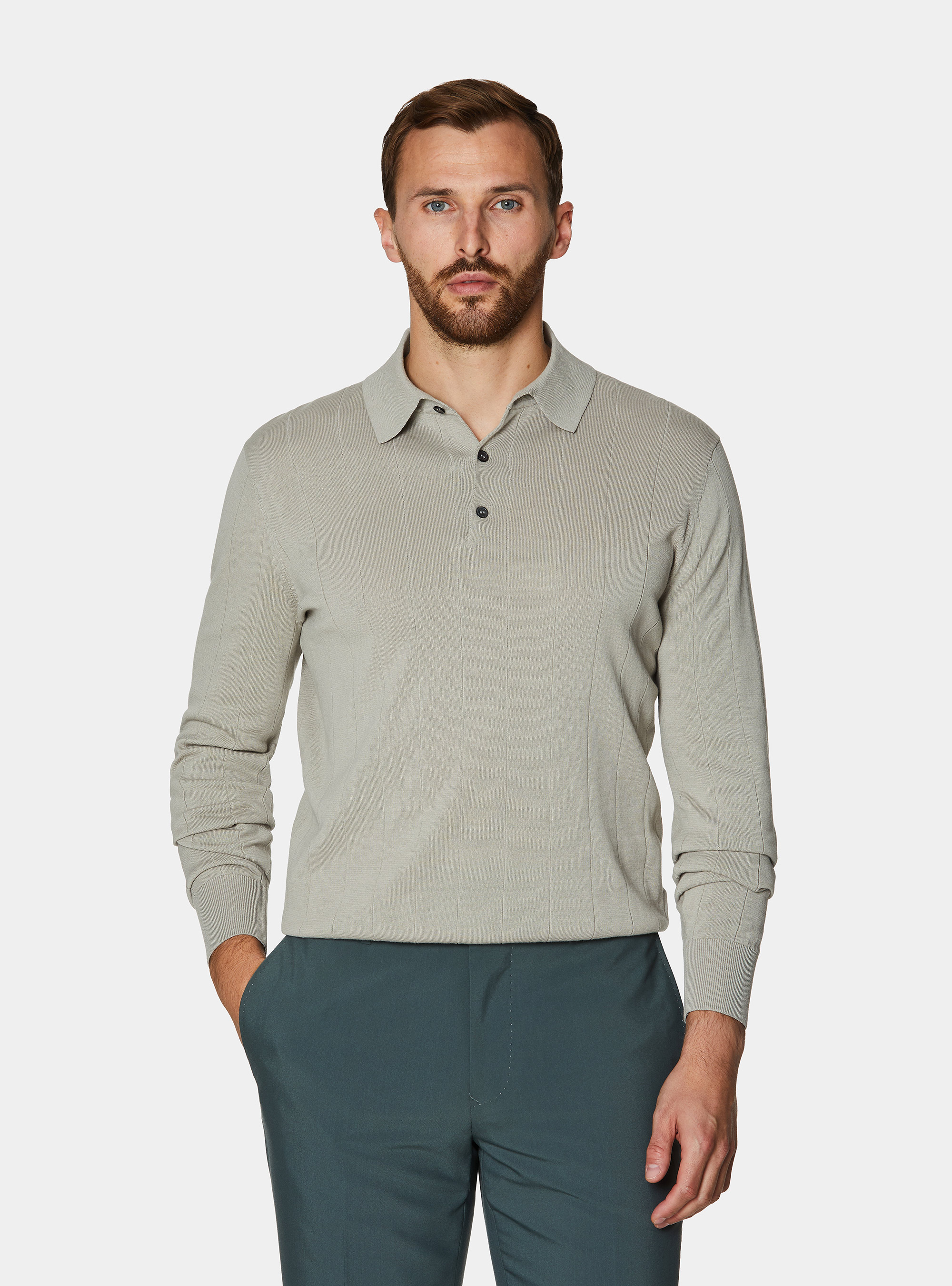 Long-sleeved knit polo shirt, SAND