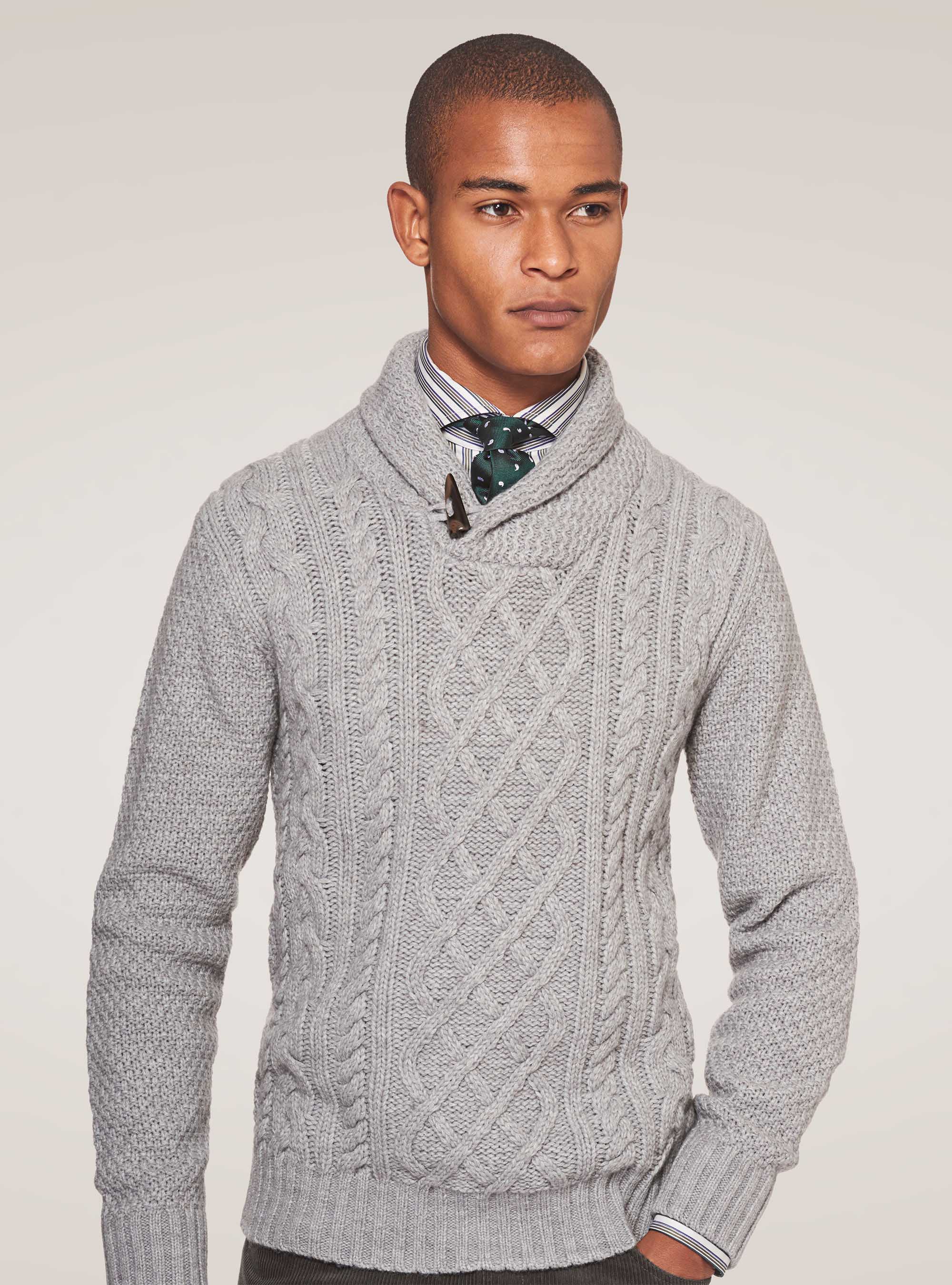 Braided wool high neck sweater with shaw collar | Gutteridge - 94046004