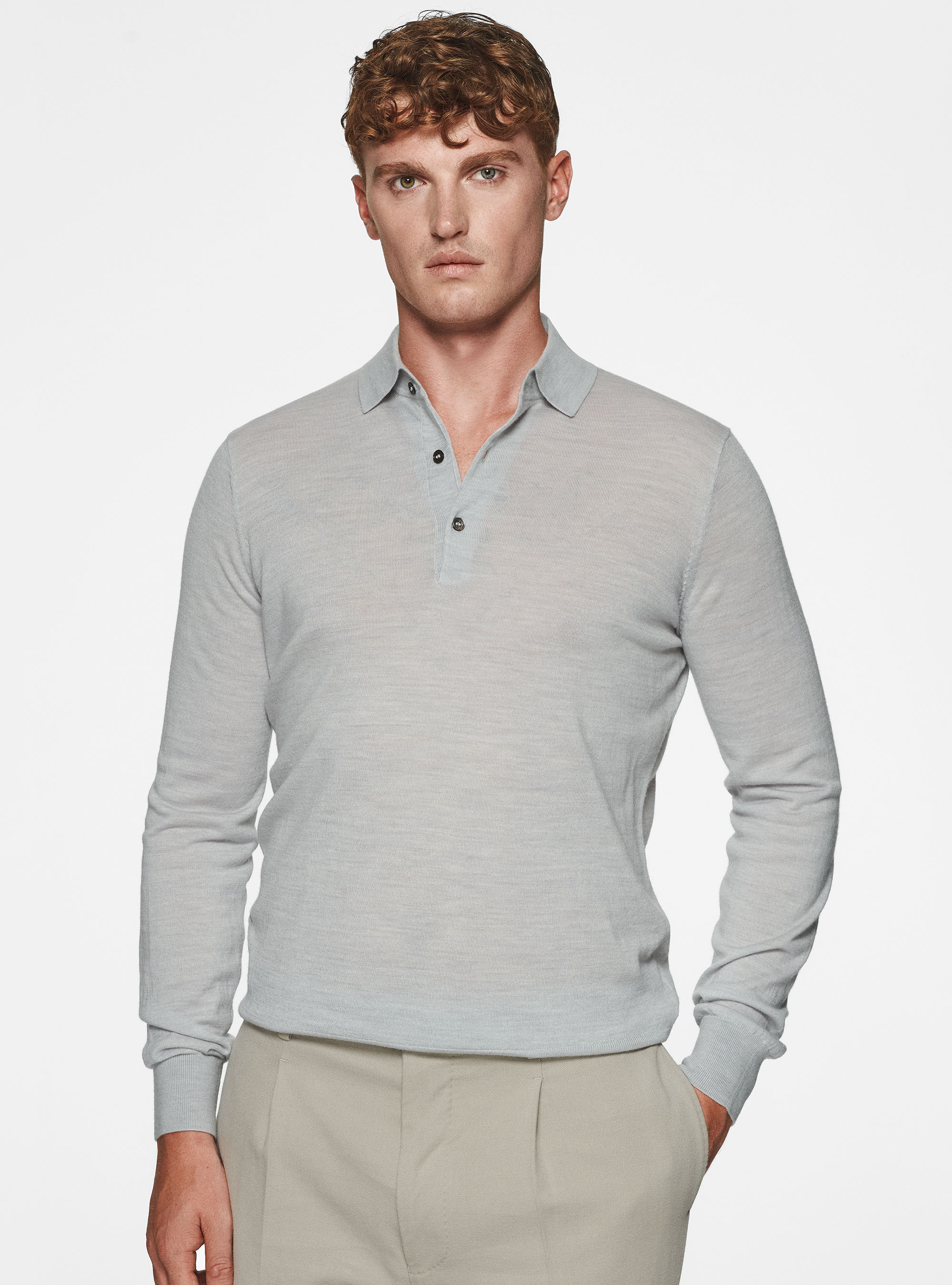 Polo shirt in pure extra-fine merino wool, LIGHT GREY MELANGE