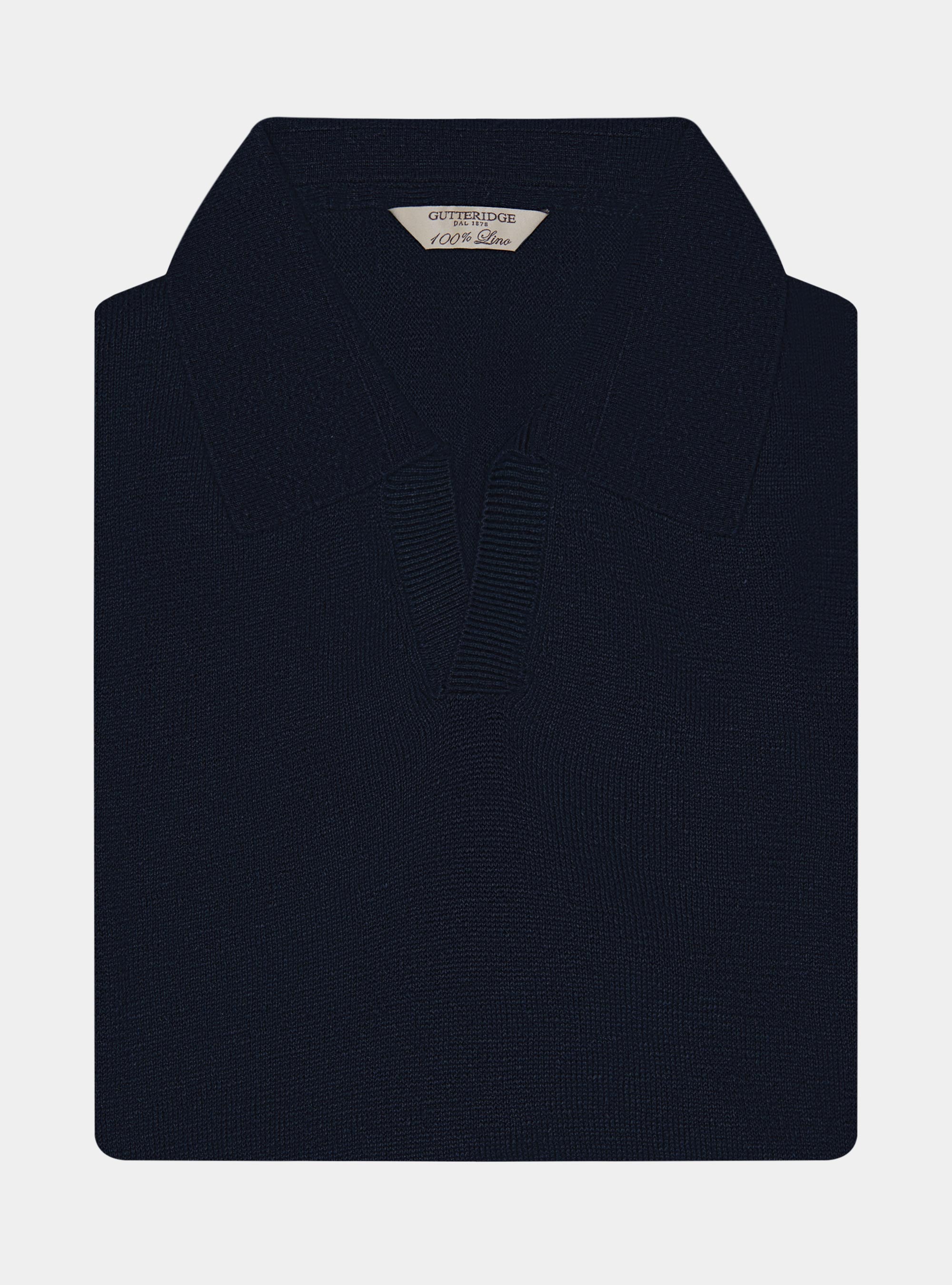 Polo in maglia senza bottoni in puro lino, BLU NAVY