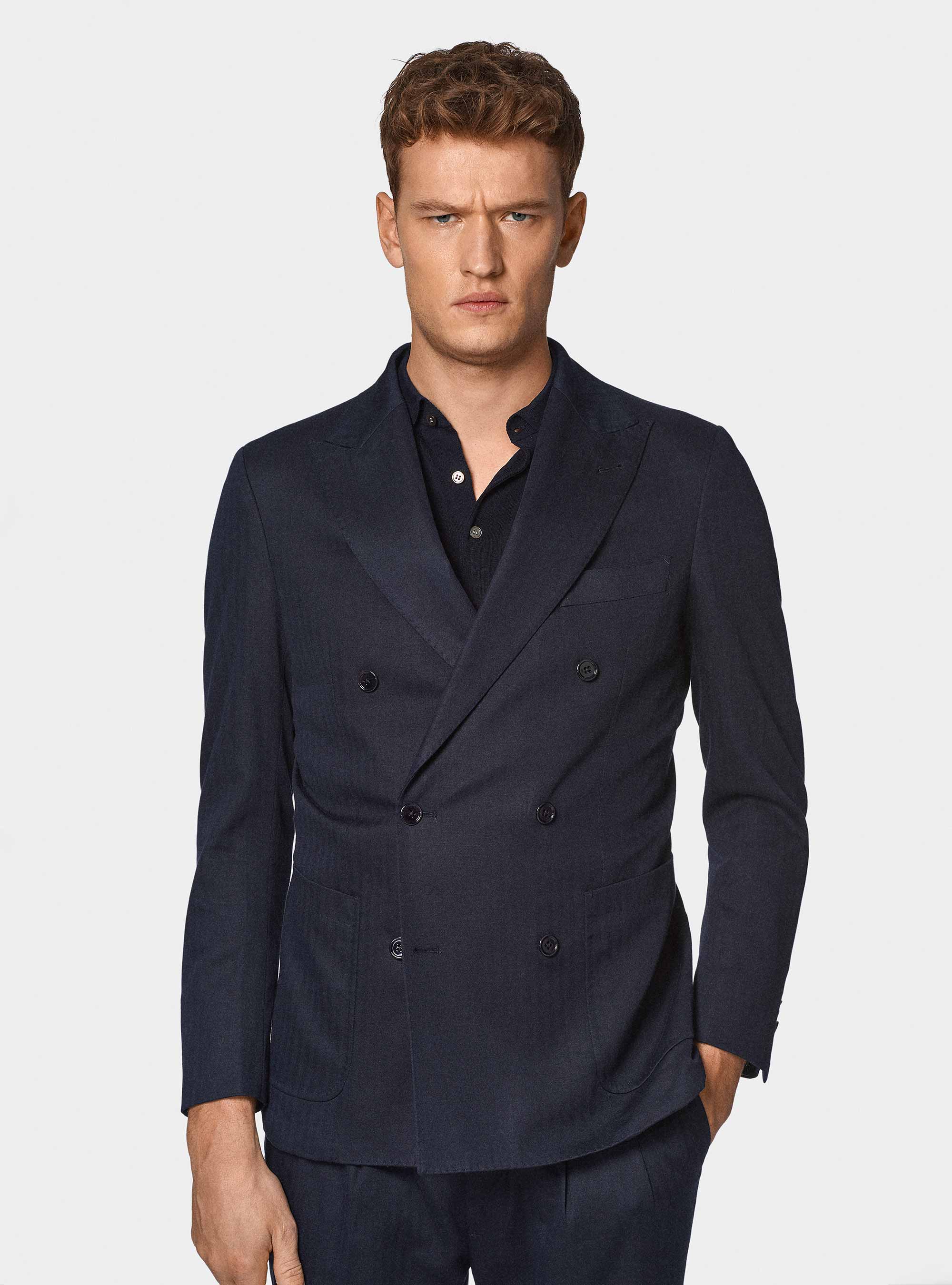 Giacca abito doppiopetto in cotone e lino, BLU NAVY