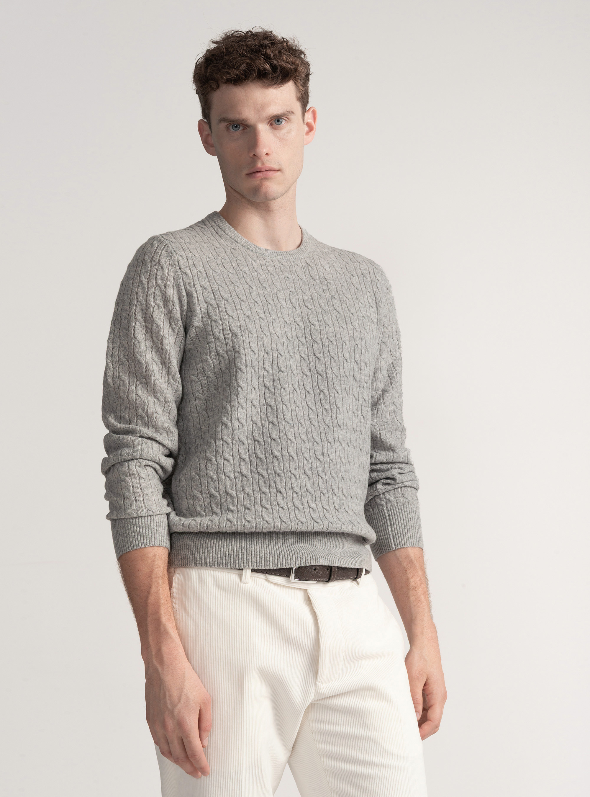 Cashmere wool crew-neck sweater with braid, LIGHT GREY MELANGE