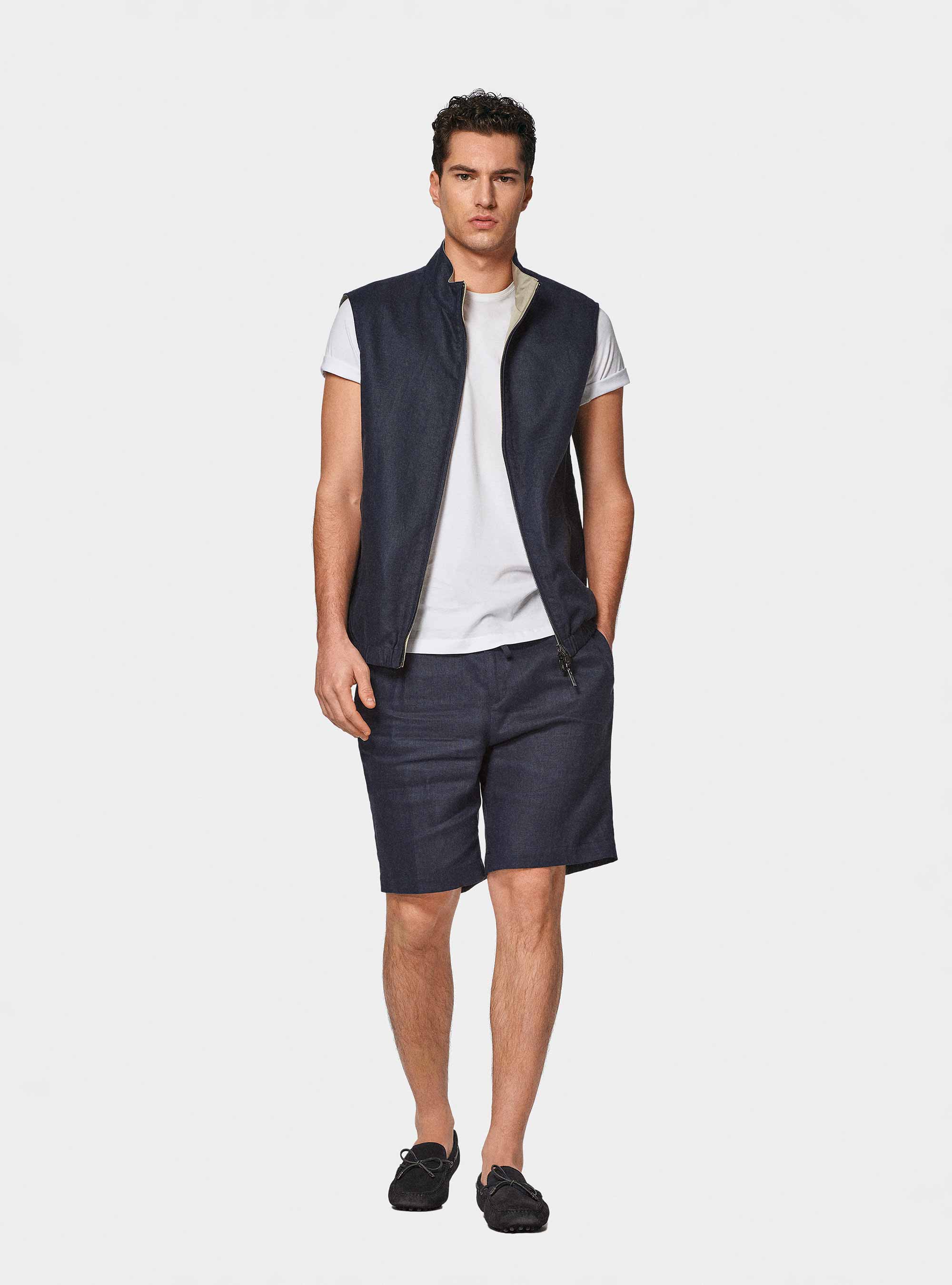 Reversible sleeveless in pure linen, NAVY BLUE