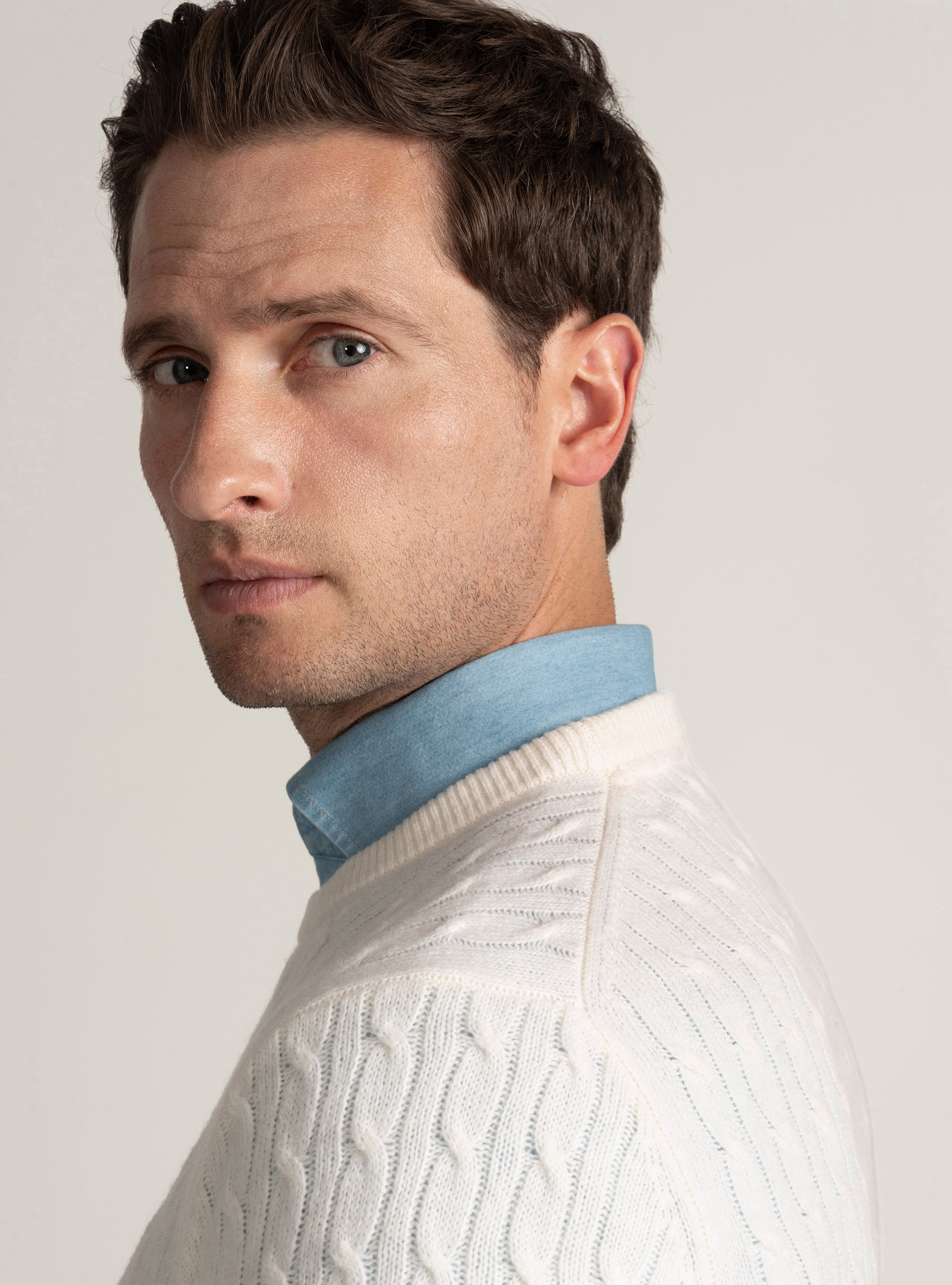 Cashmere wool crew-neck sweater with braid, WHITE