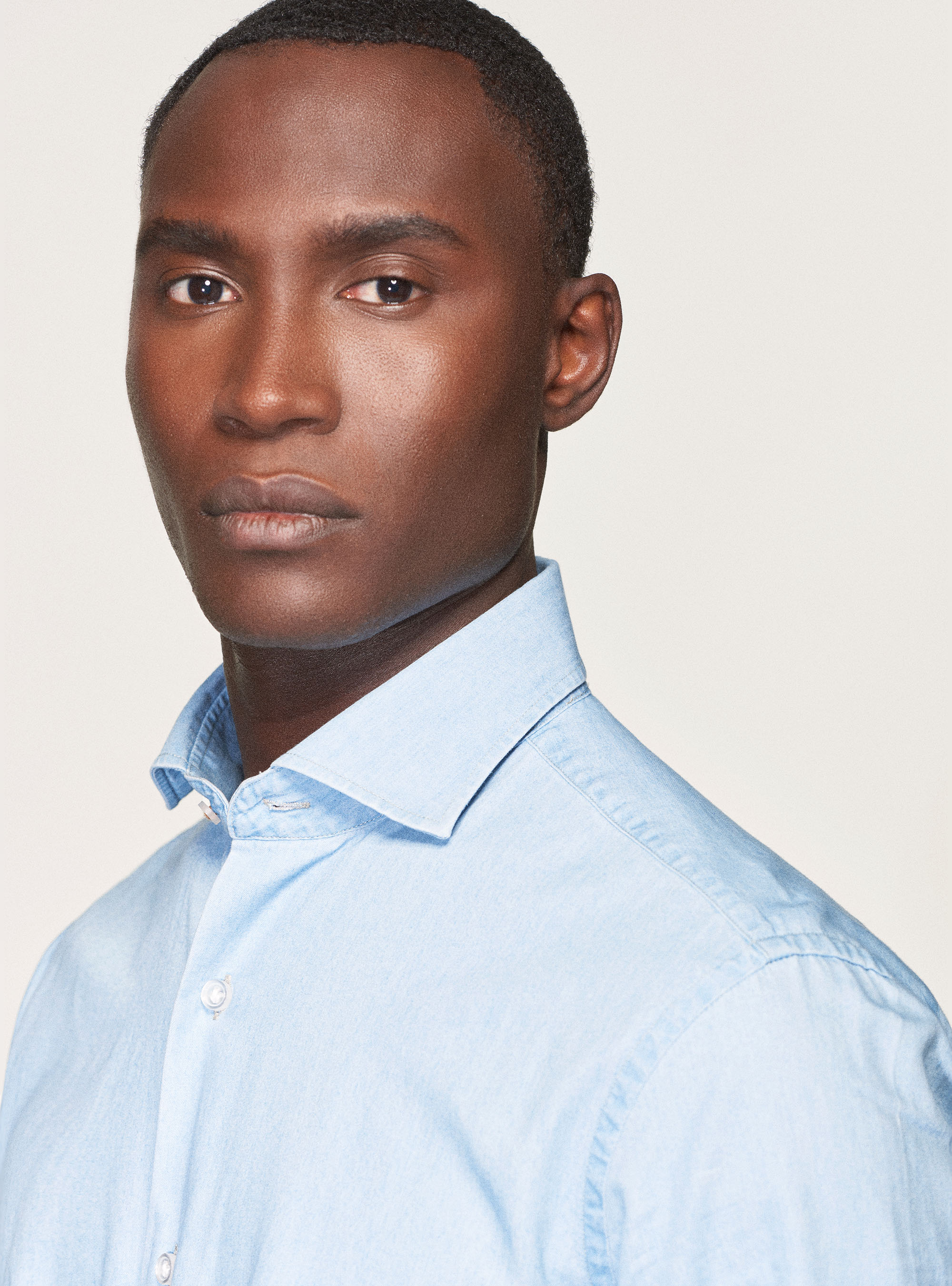 Camicia denim in cotone chambray, AZZURRO