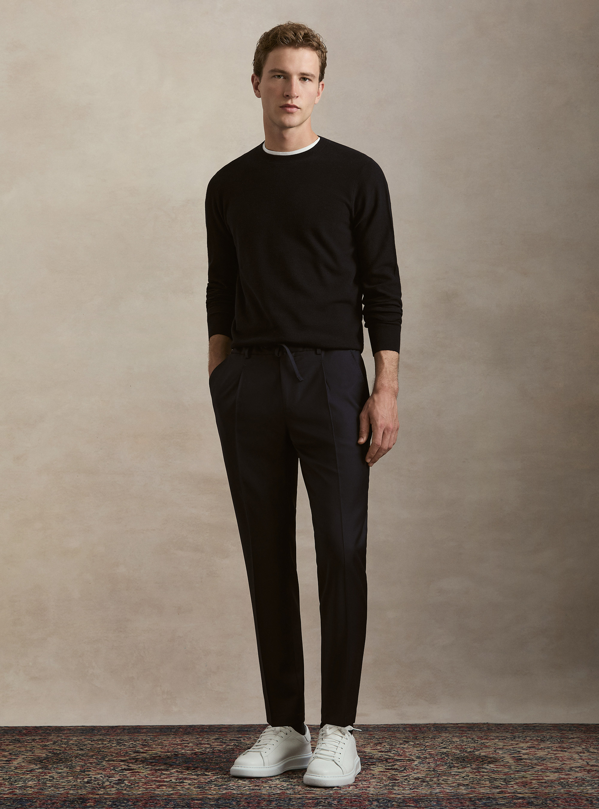 Girocollo in maglia nido d'ape in cotone cashmere, AZUL MARINO