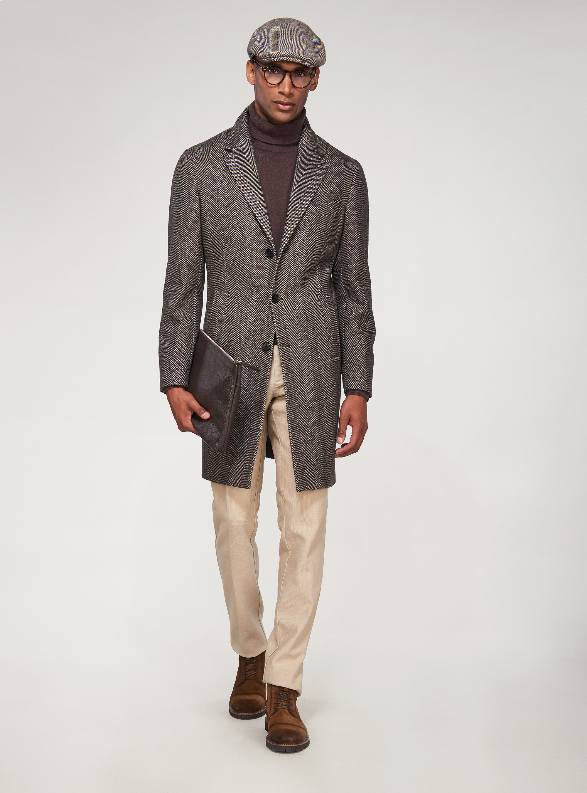 Abrigo de espiga en mezcla de lana, MARRON