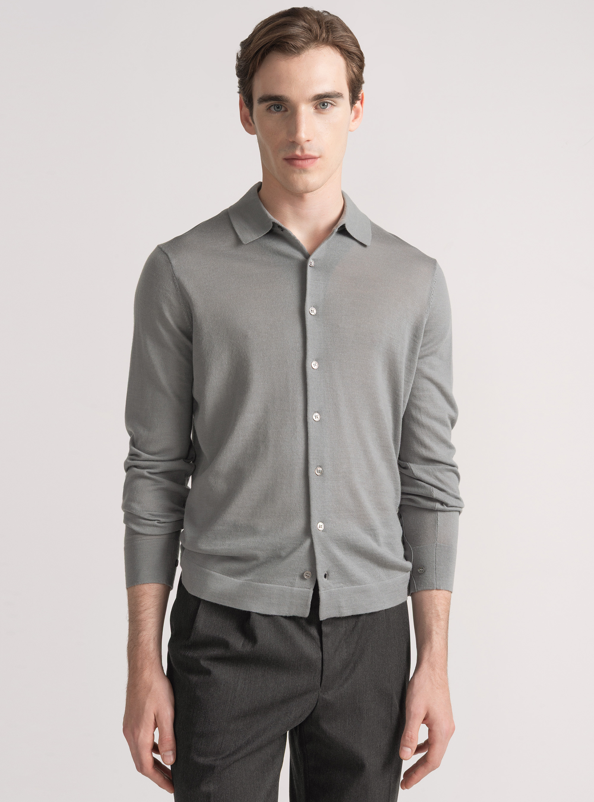 Polo camicia in maglia lana merino extrafine, GRIGIO CHIARO