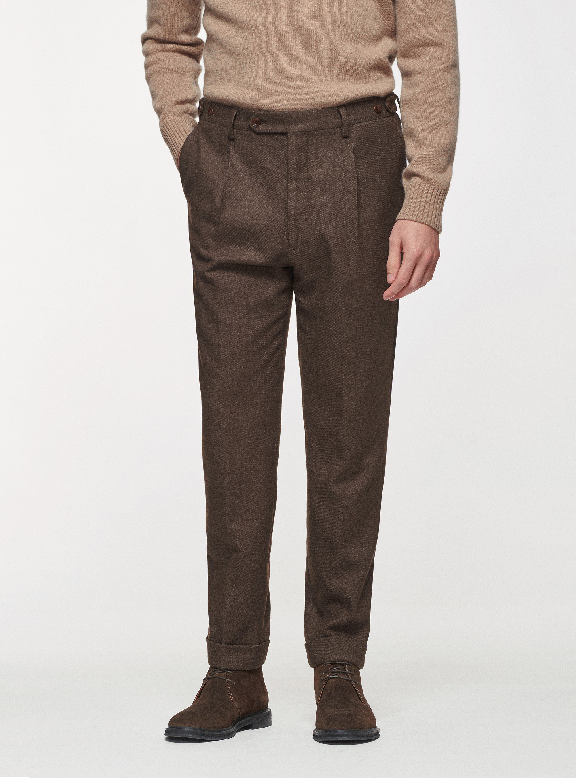Pantaloni con pinces in flanella di lana Duemilagori, MARRONE
