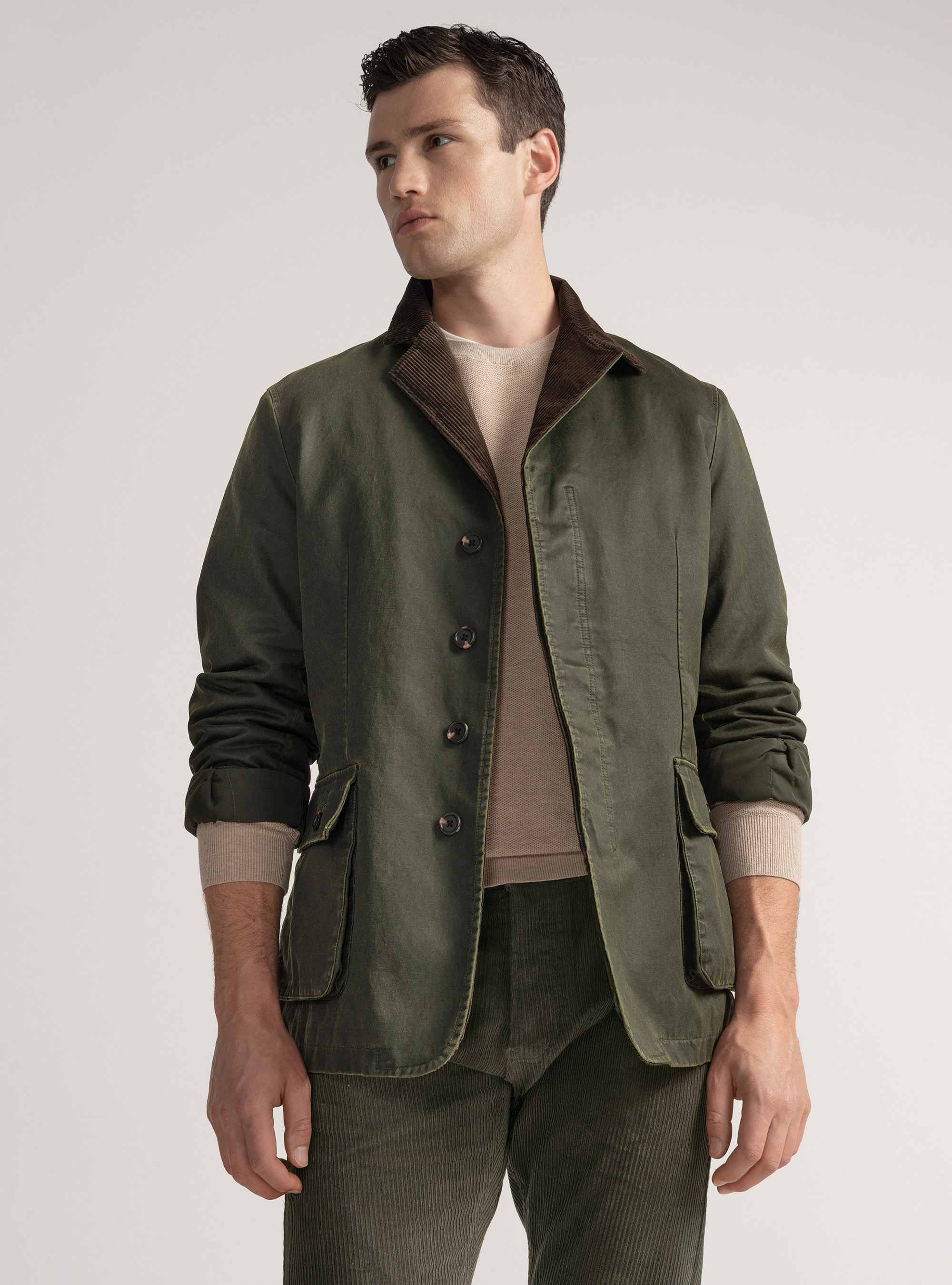 Cotton blend waxed jacket with velvet details, GREEN