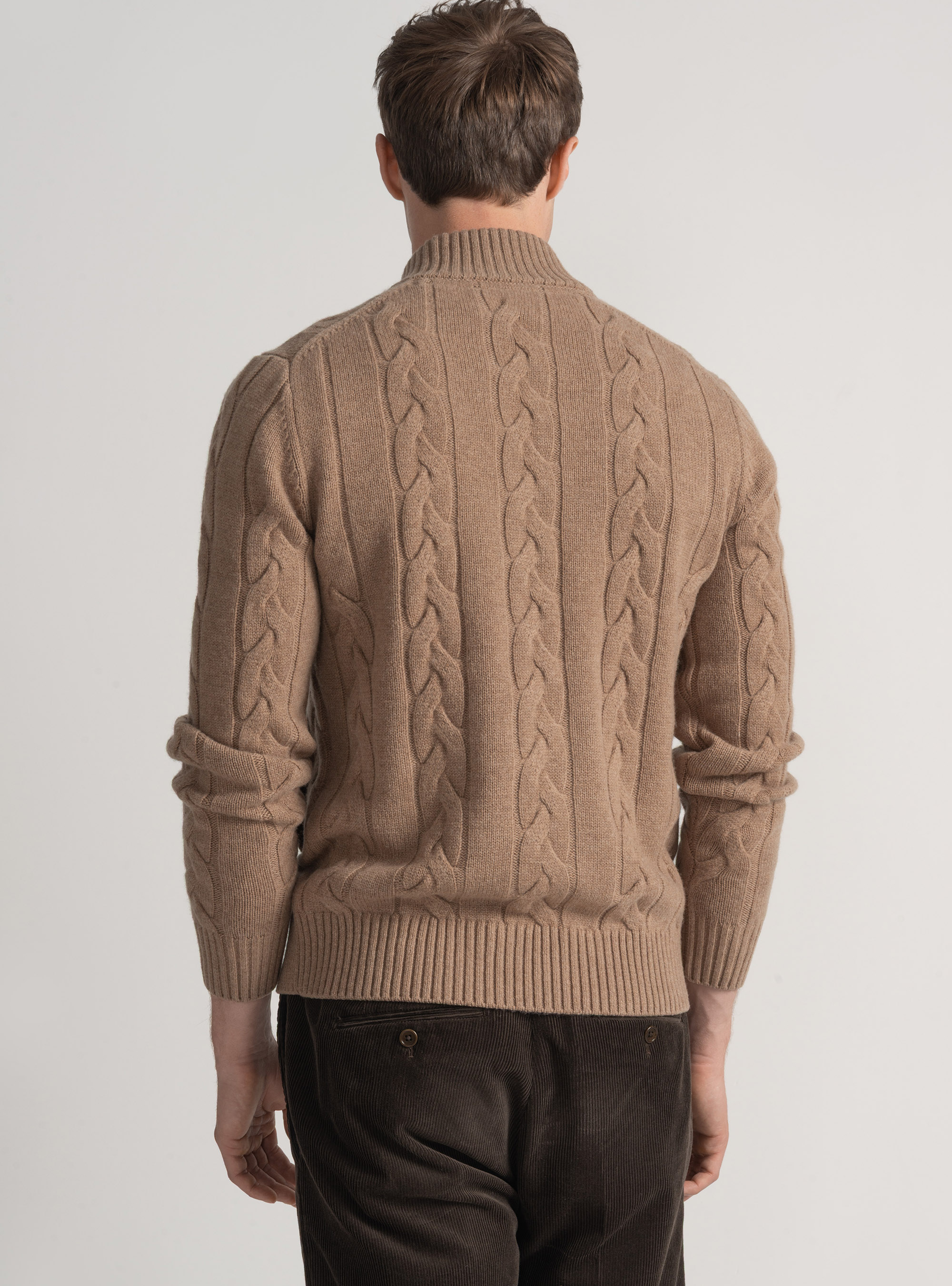 Maglia con zip e treccia in lana cashmere, CAMMELLO 0570C