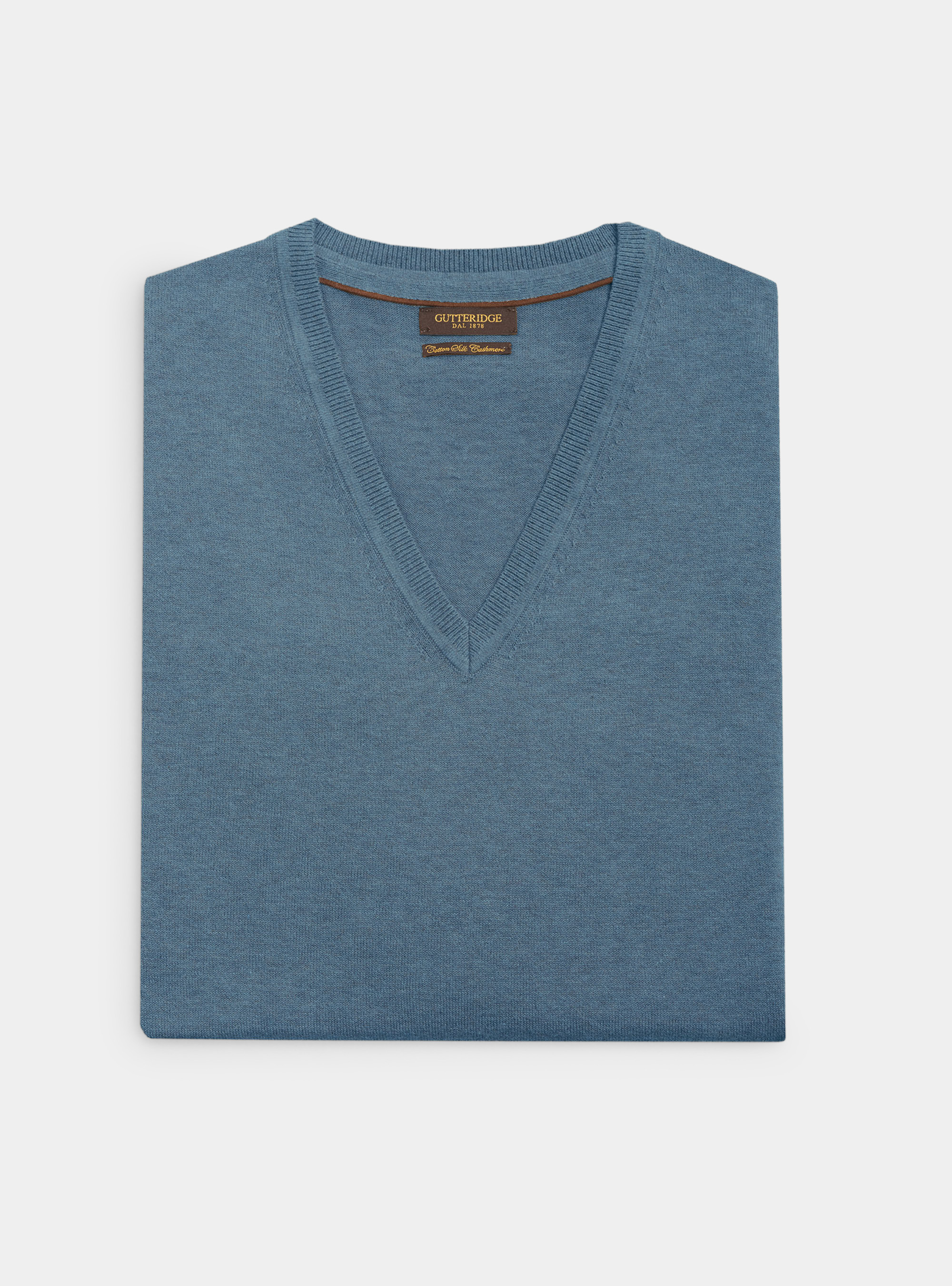 Maglia scollo a V in cotone seta e cashmere, AZZURRO