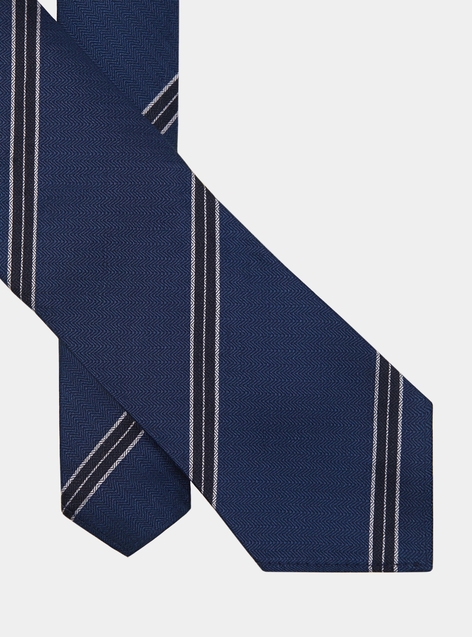 Cravate rayée en soie et lin à chevrons, BLEU