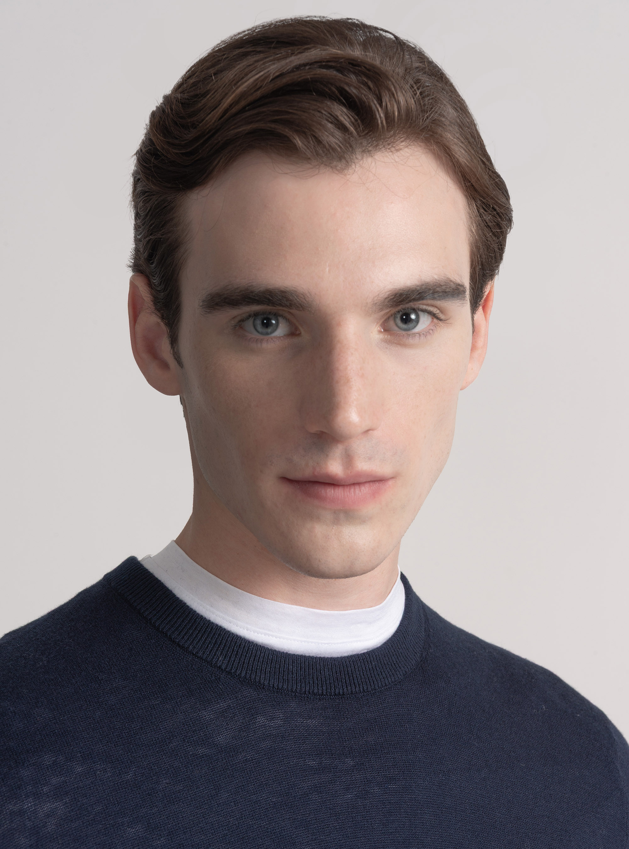 Punto de cuello redondo de algodón, seda y cachemira, AZUL MARINO