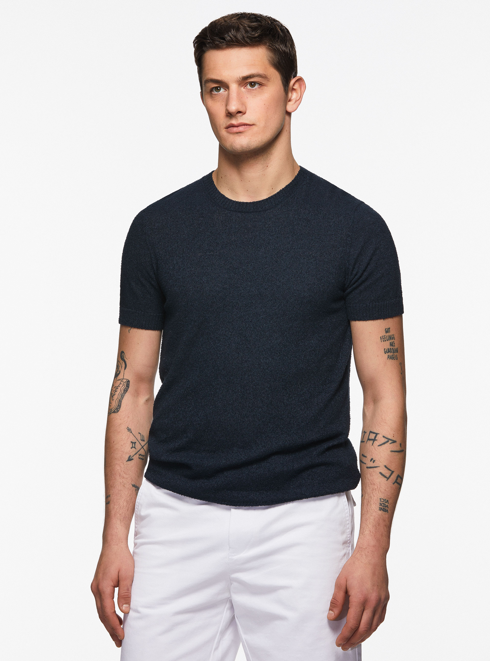 Maglia girocollo in misto cotone bouclè, BLU NAVY