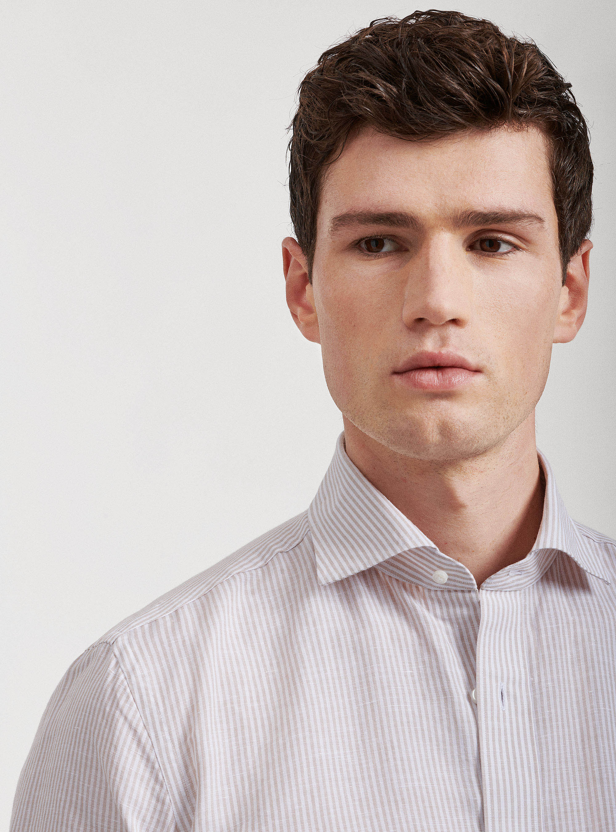 Semi-French collar shirt in linen and striped cotton, SAND