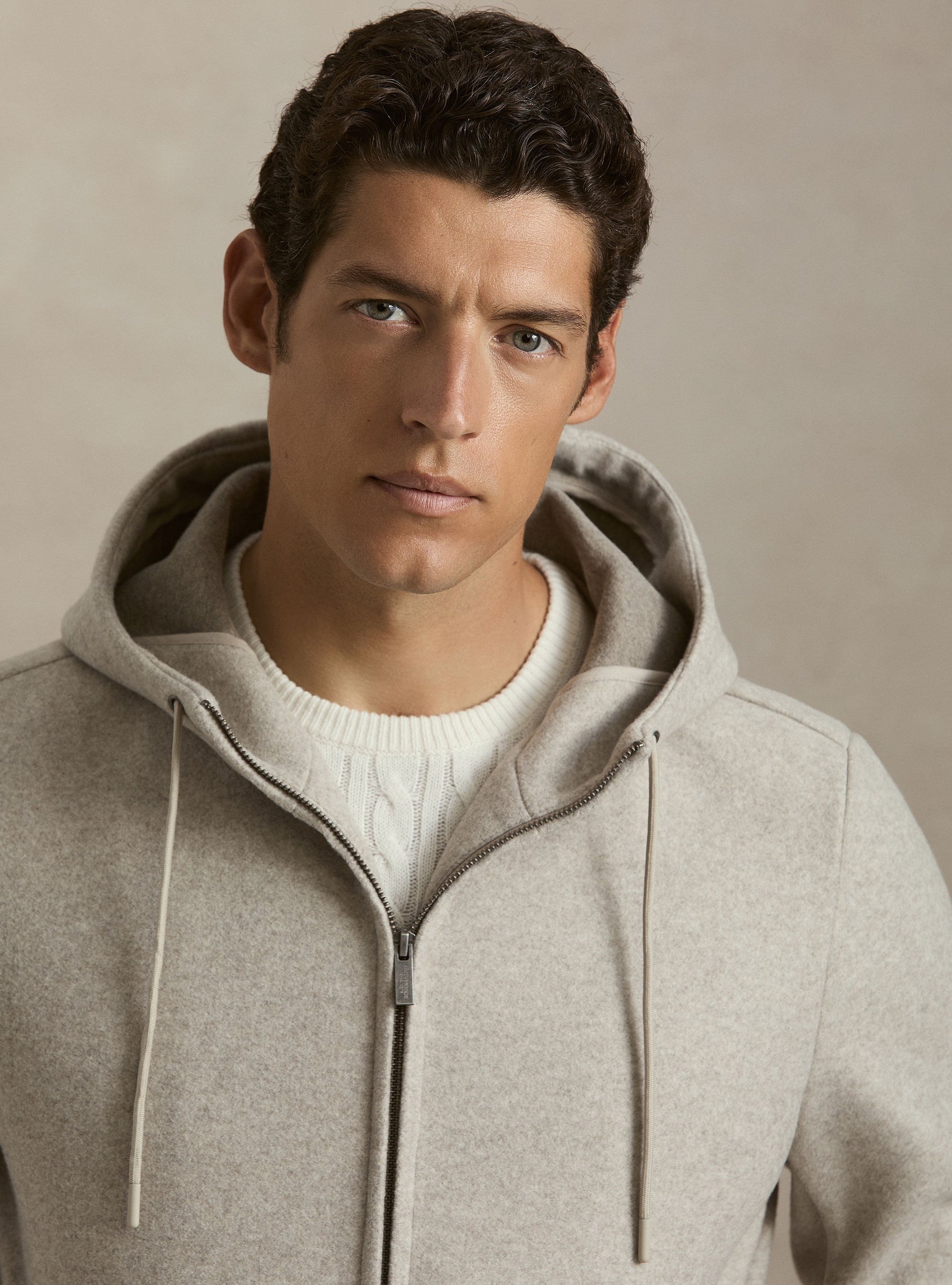 Stretch wool jacket with a hood, ECRU